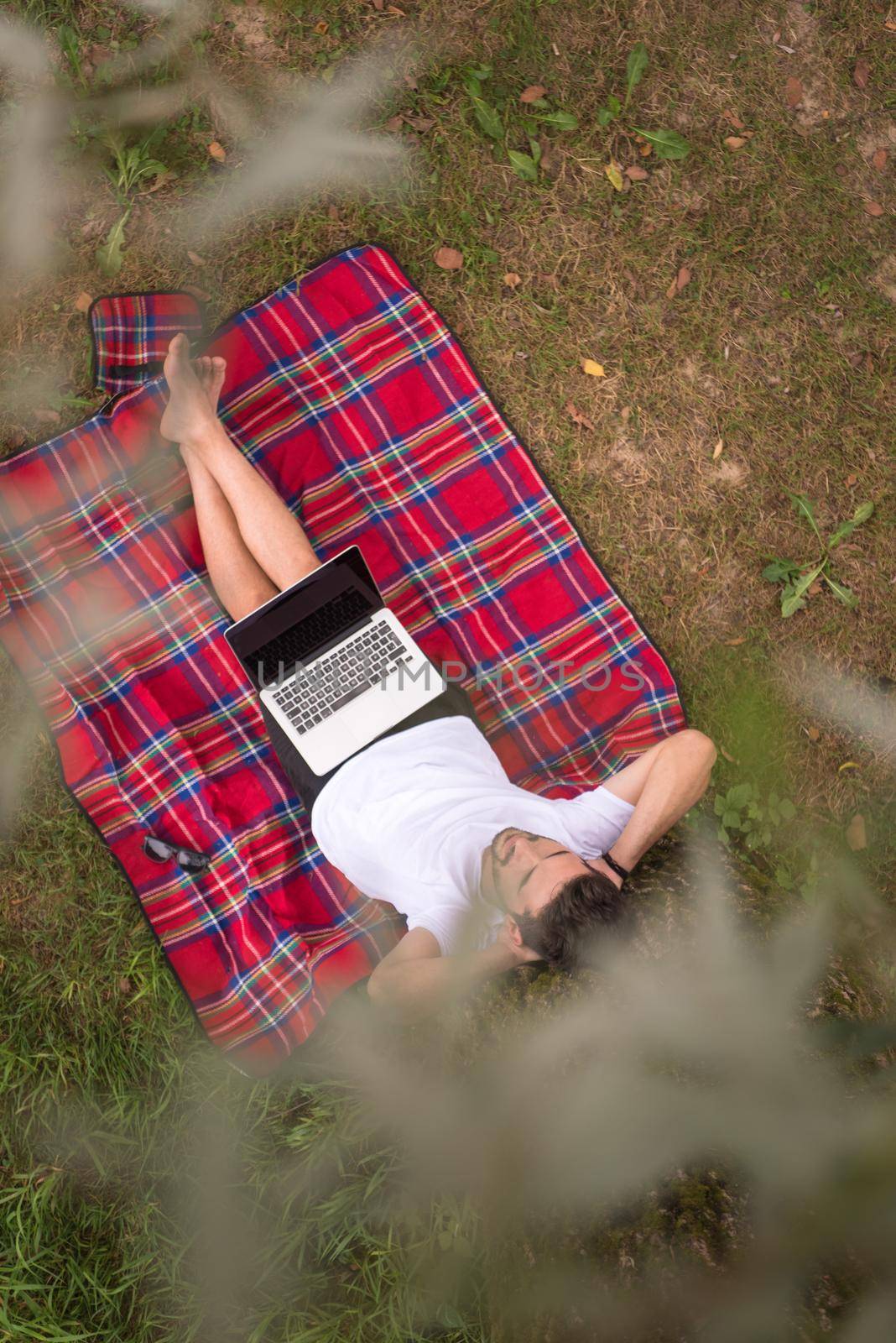 A young freelancer using a laptop computer while working in beautiful nature under the tree top view