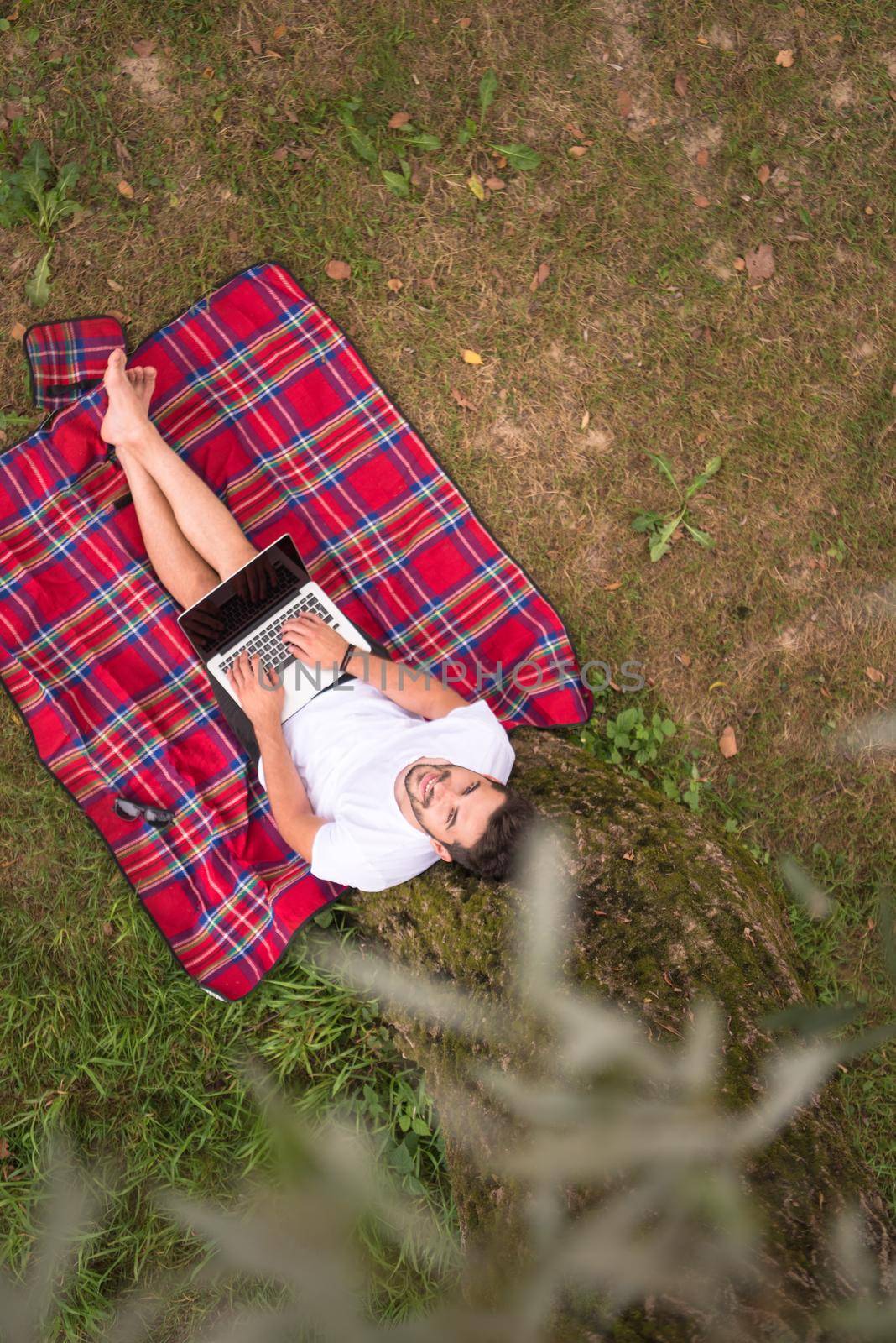 A young freelancer using a laptop computer while working in beautiful nature under the tree top view