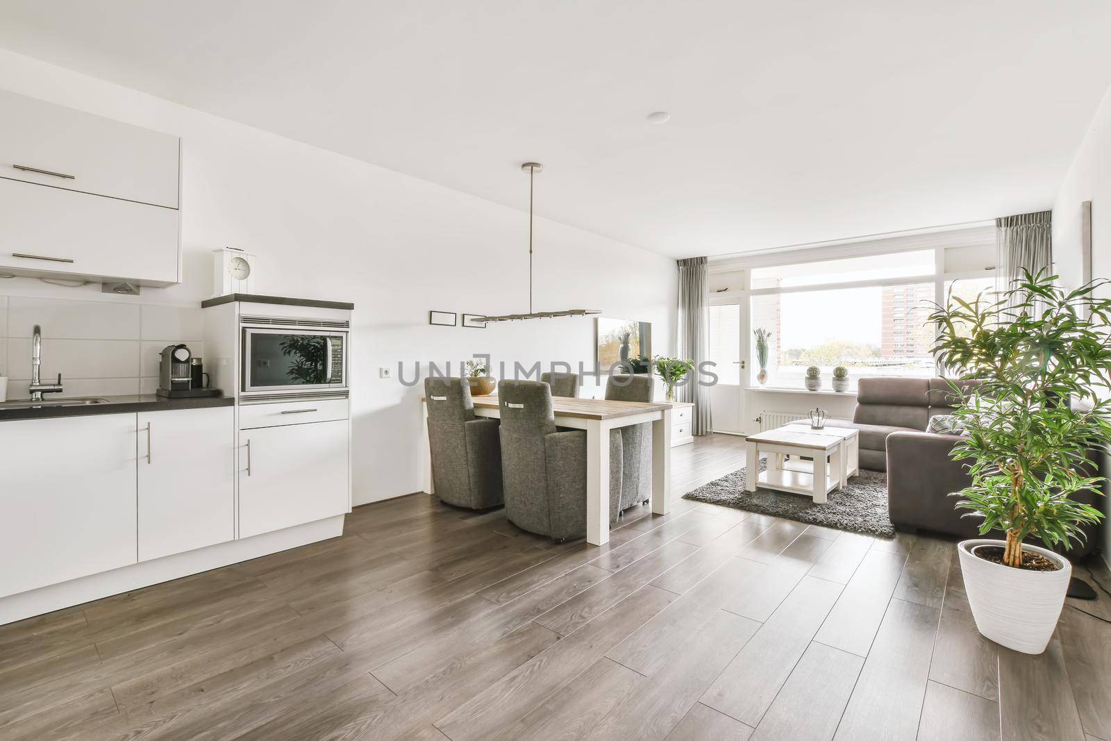 Large modern studio room with living room, dining area and kitchen