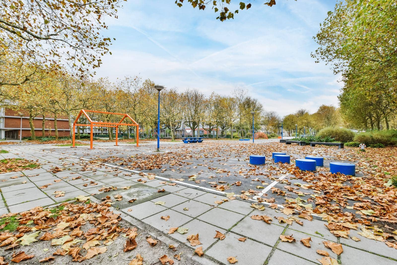 Amazing park with trees and beautifully laid tiles