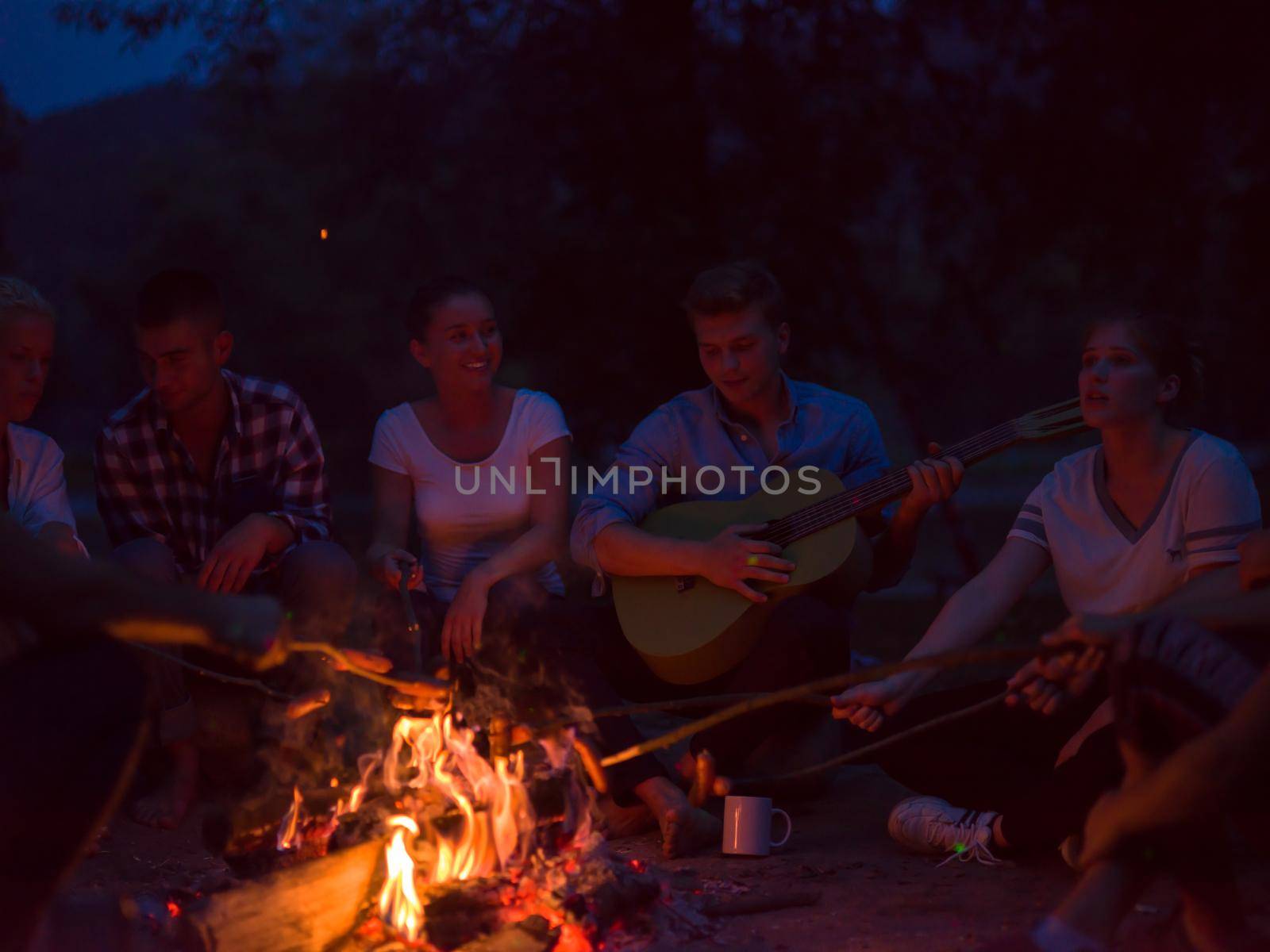 a group of happy young friends relaxing and enjoying  summer evening around campfire on the river bank