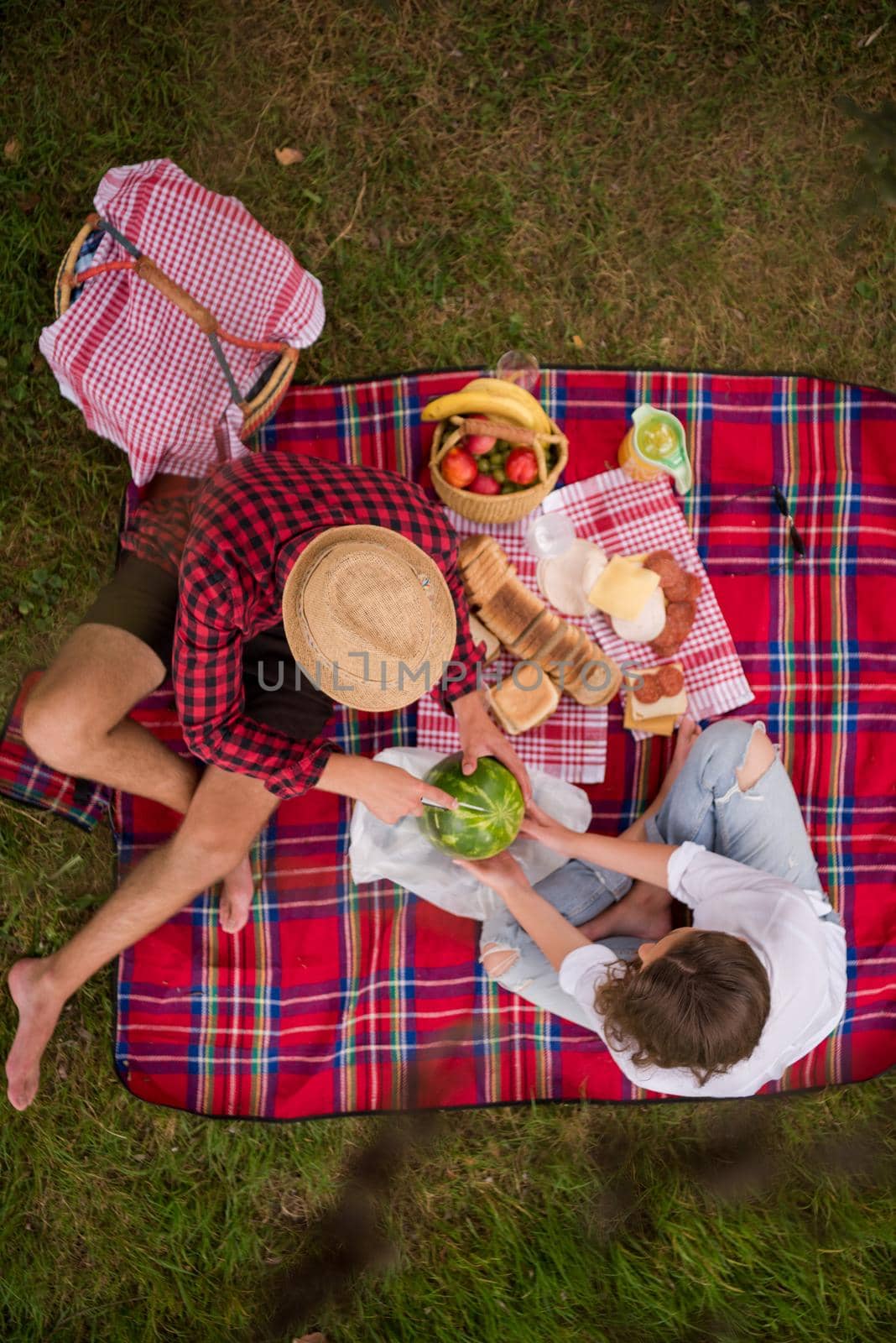 top view of couple enjoying picnic time by dotshock