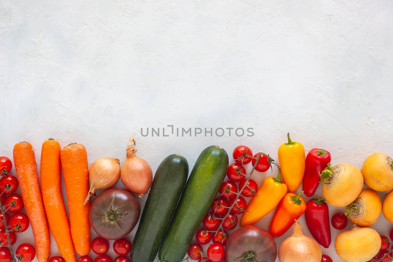 different vegetables on white background, top view, copy space,