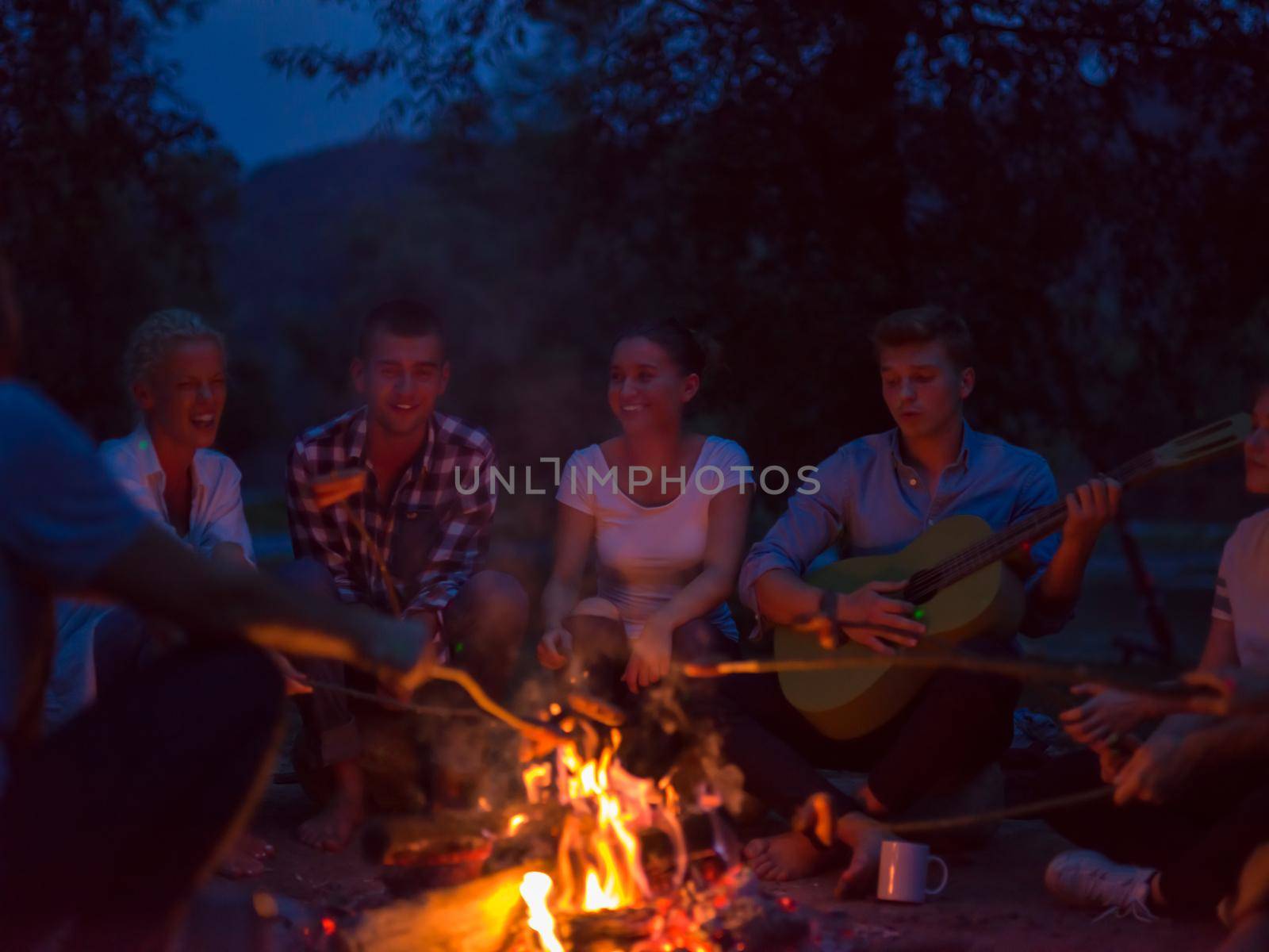 a group of happy young friends relaxing and enjoying  summer evening around campfire on the river bank