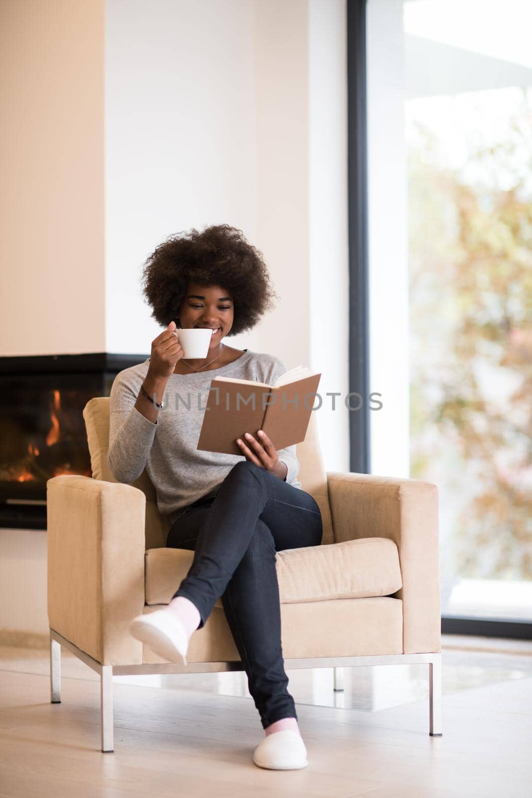 black woman reading book  in front of fireplace by dotshock