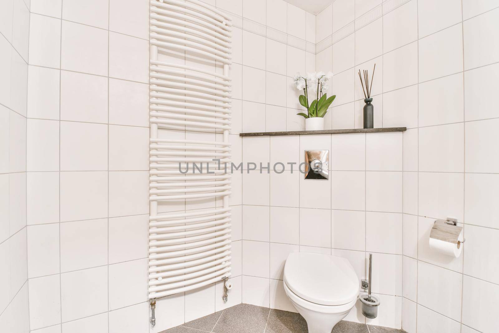 Washroom with a radiator next to the toilet and a shelf above it