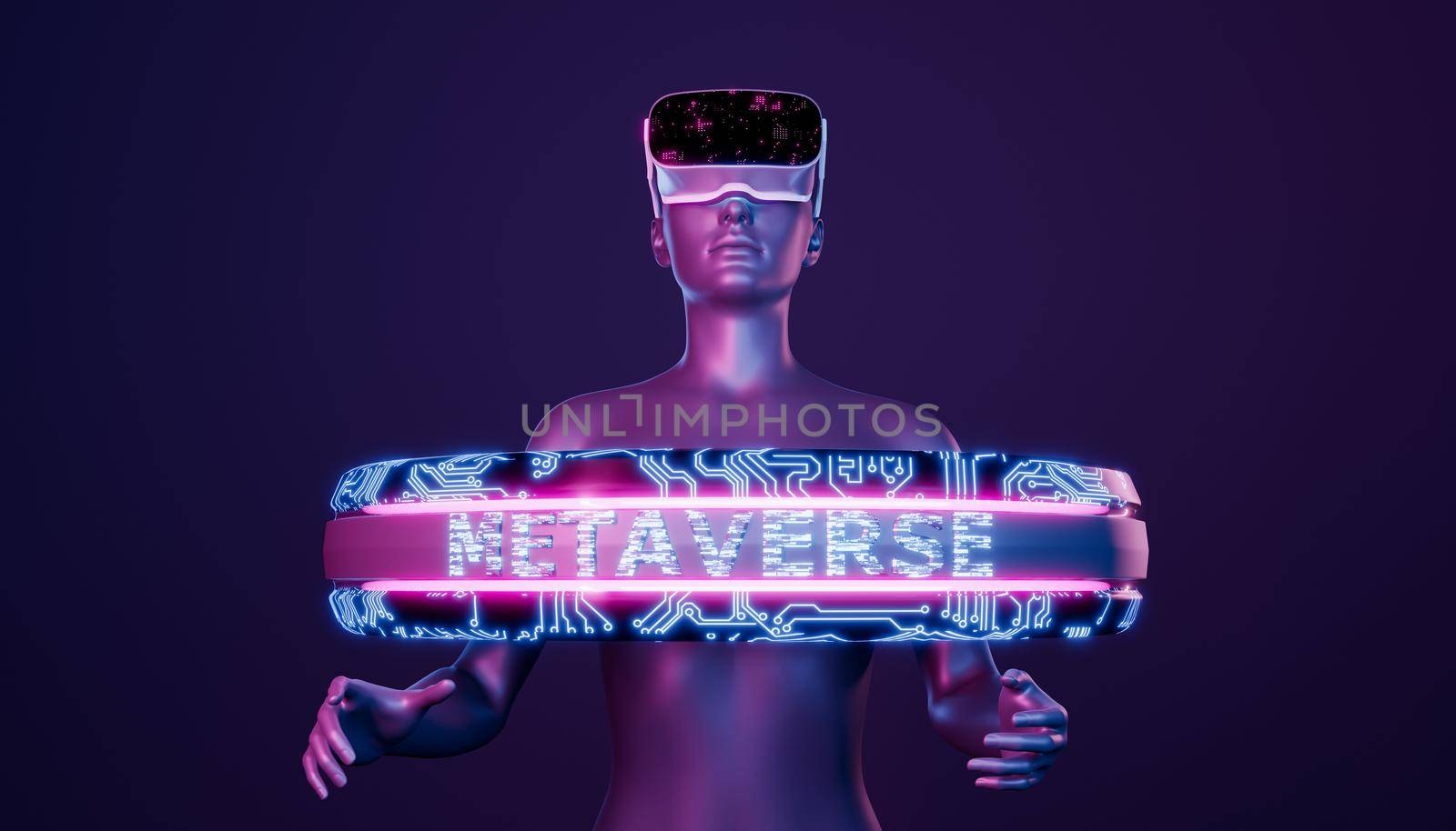 3d girl with futuristic VR glasses and metaverse ring by asolano