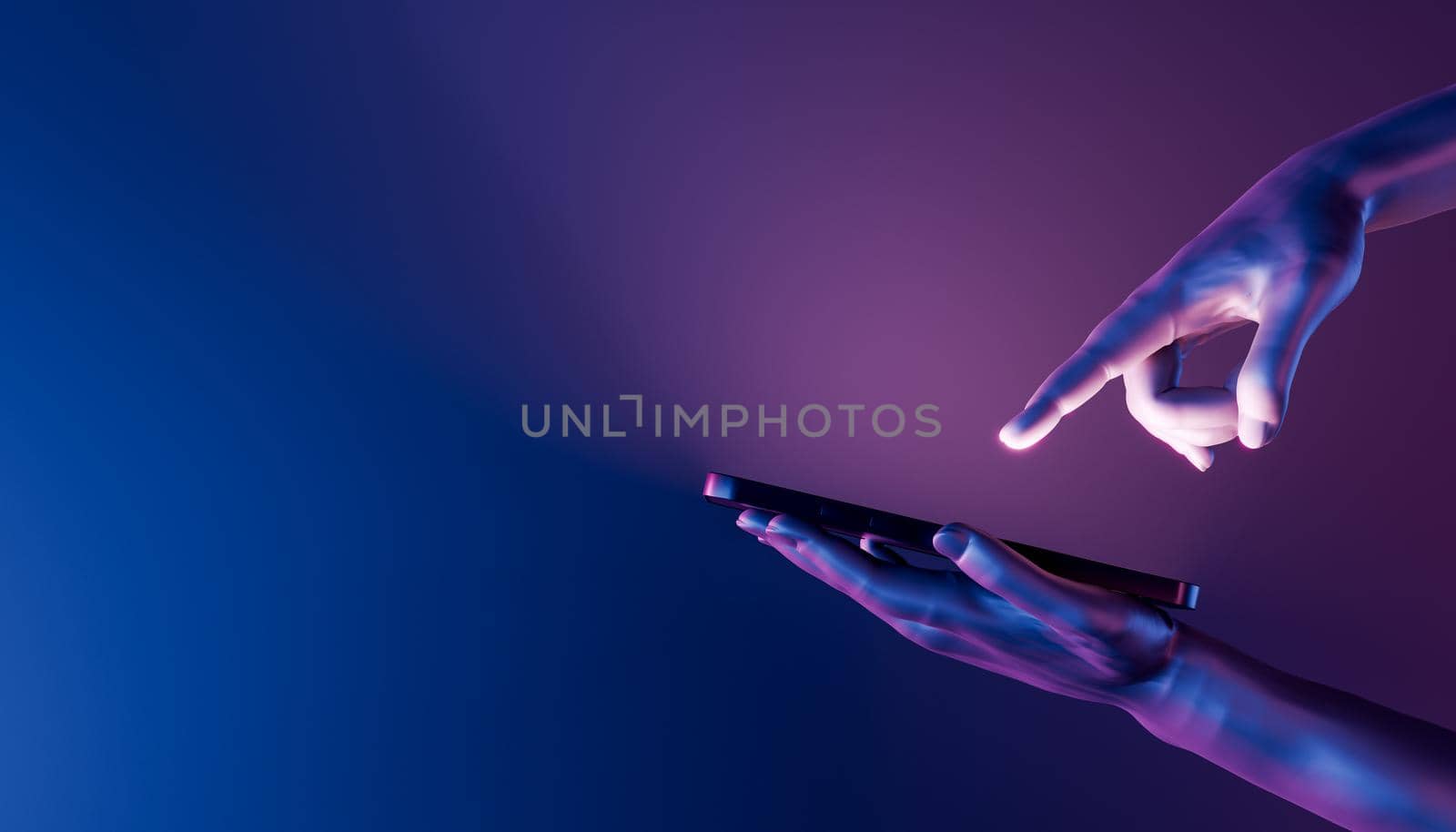 3D hands holding a smartphone and pointing at it by asolano