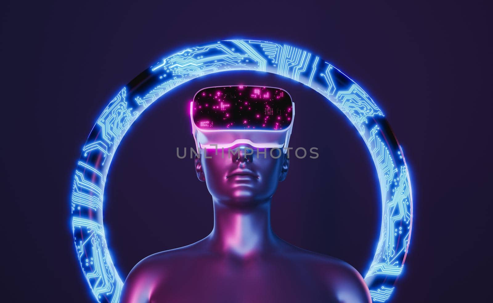 3d girl with virtual reality glasses and an electronic hoop behind. neon lights. futuristic concept of virtual reality, video games, technology, metaverse and crypto. 3d rendering