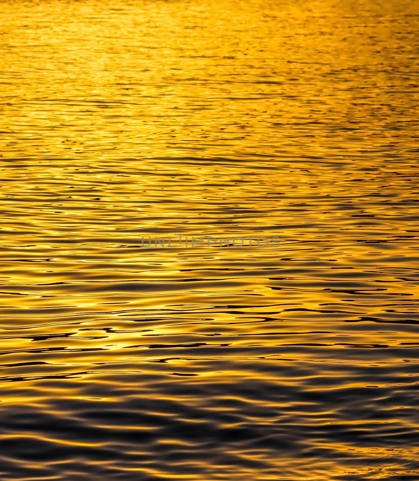 Golden sea waves in sunset glow as surface background. Summer holidays and coastal nature concept