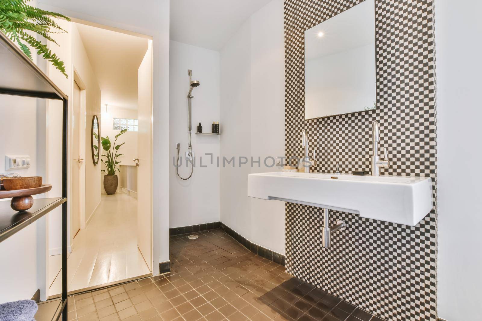 Luxury interior design of a bathroom with marble walls