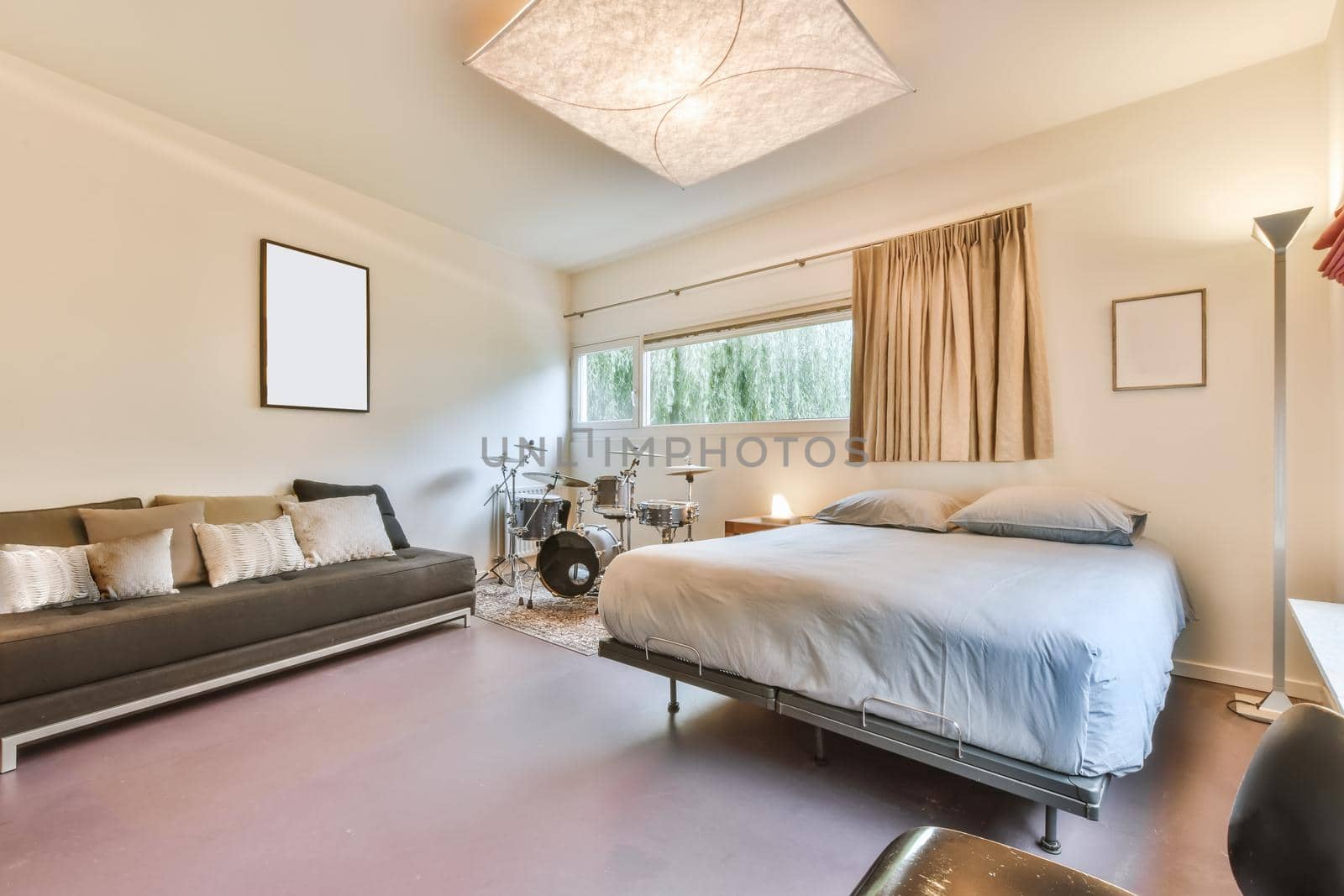 Interior of a cozy and bright bedroom with beautiful decoration
