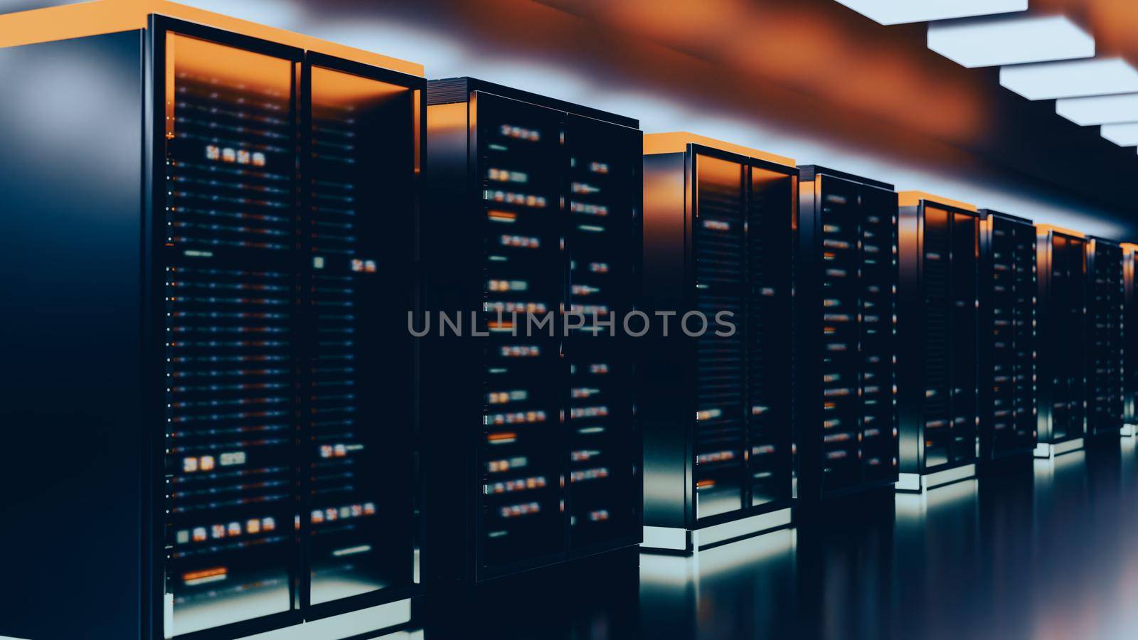 Servers. Server racks in server room cloud data center. Datacenter hardware cluster. Backup, hosting, mainframe, mining, farm and computer rack with storage information. 3D rendering. 3D illustration