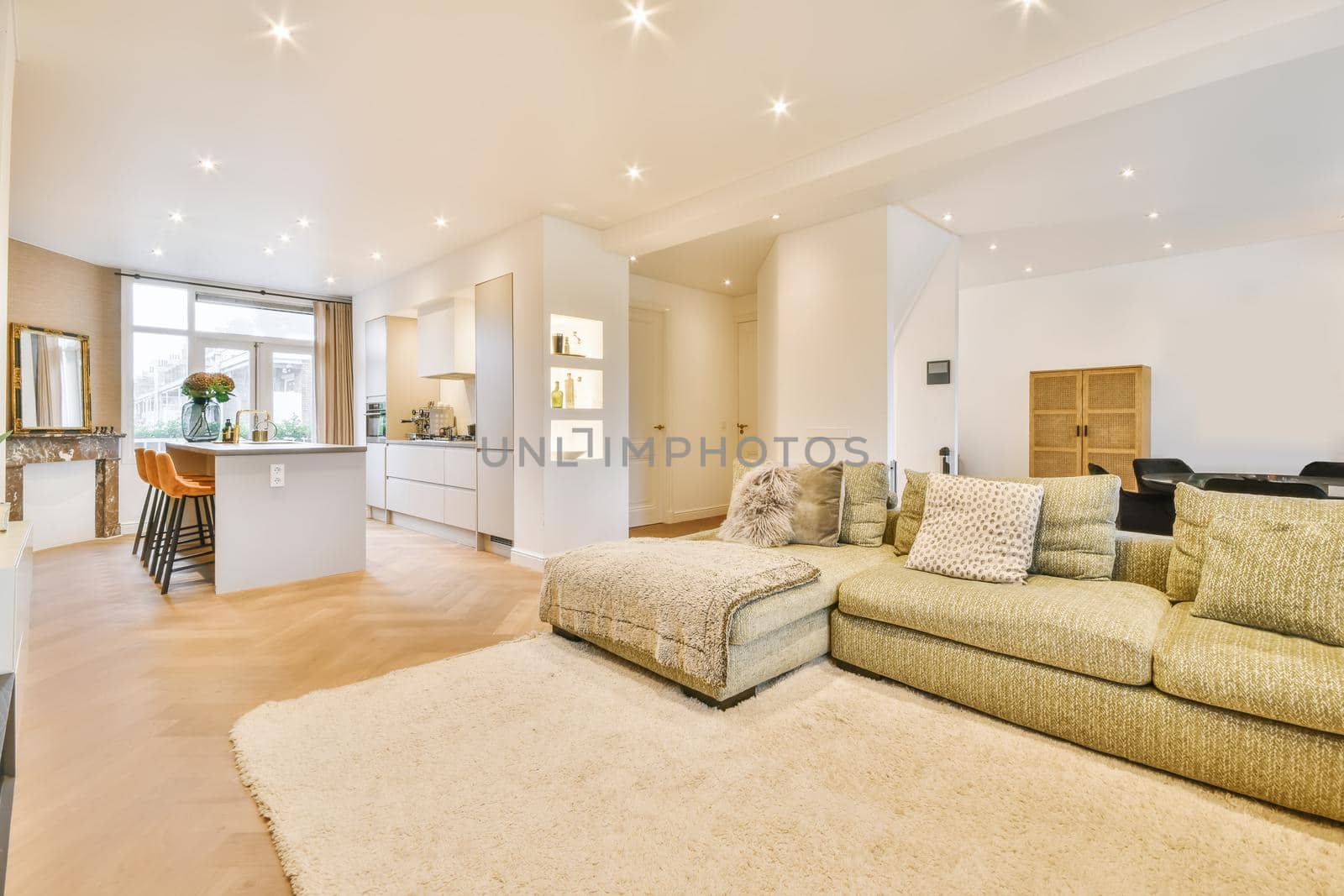 Stylish and cozy living room with soft green soft huge sofa