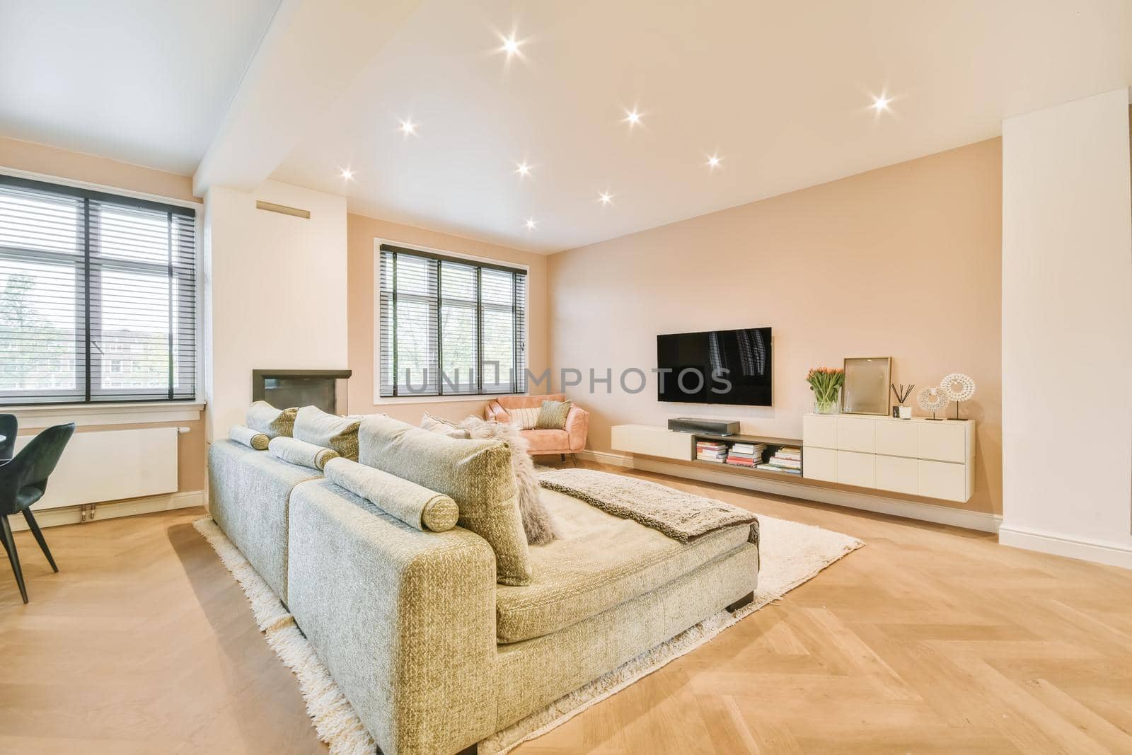 Stylish and cozy living room with soft green soft huge sofa