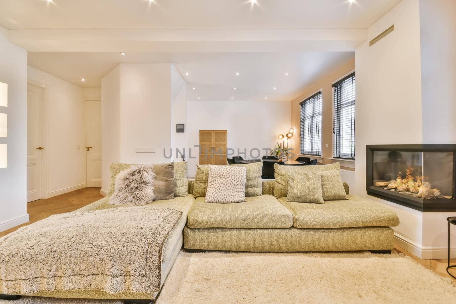 Stylish and cozy living room with soft green soft huge sofa