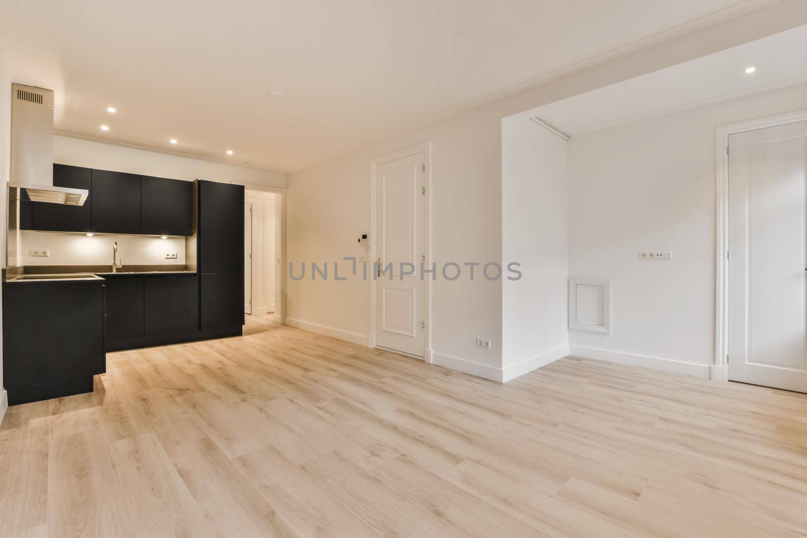 Modern kitchen with black kitchen unit and parquet floor