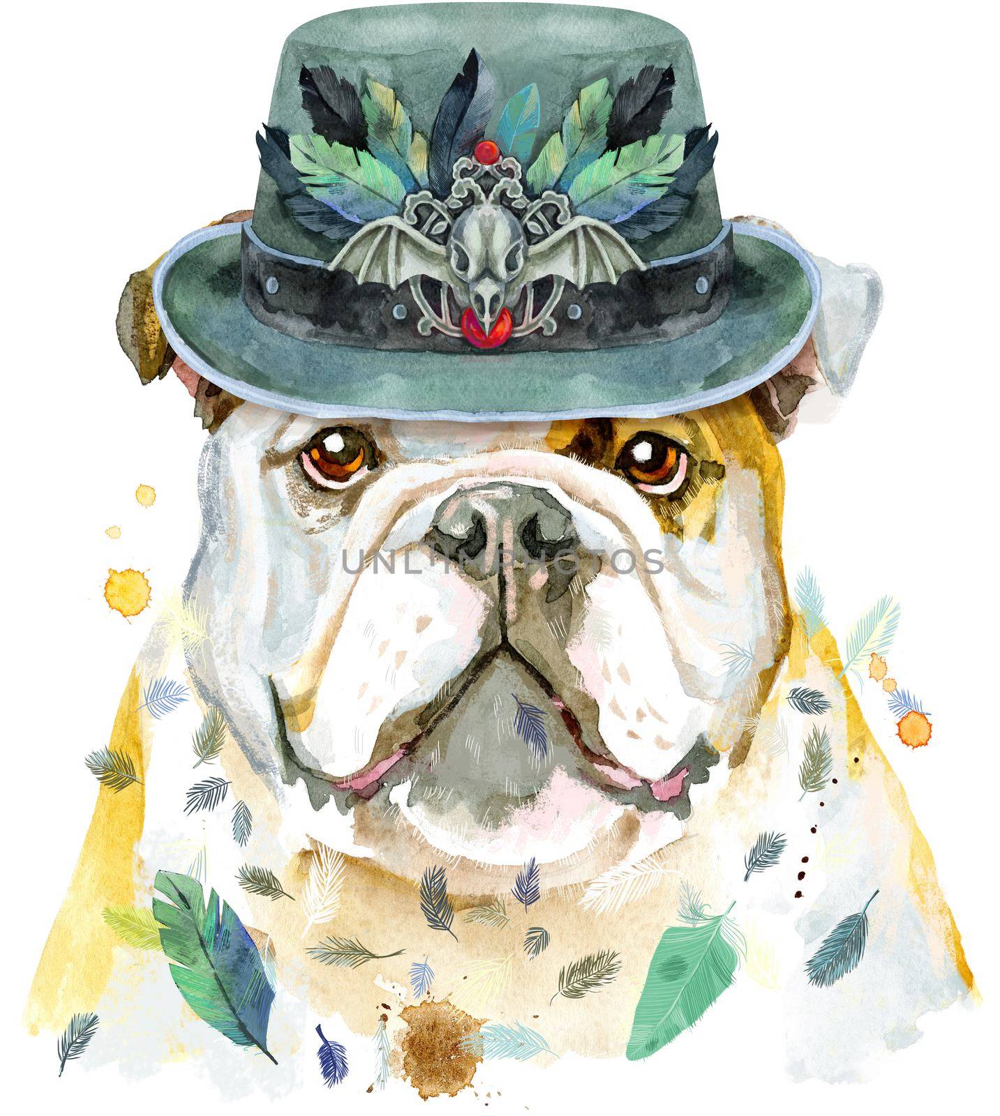 Watercolor portrait of bulldog in green hat by NataOmsk
