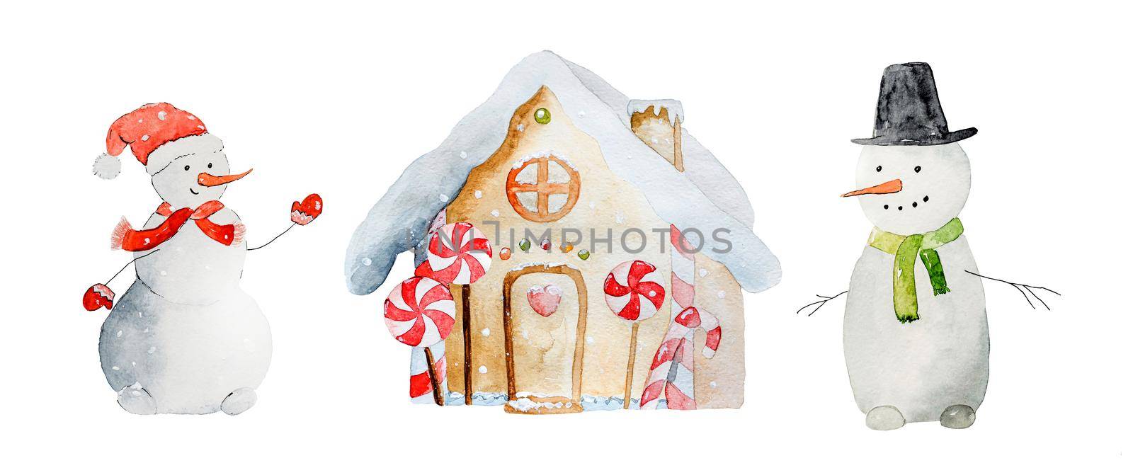 Christmas card with cute snowmans and winter house painted with watercolor and isolated on white background. New Year festive art with Xmas atmosphere drawn with aquarelle