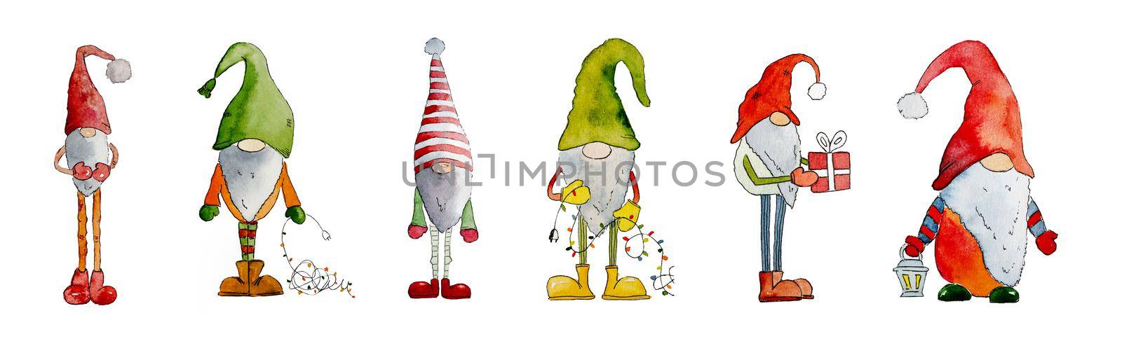 Christmas card with cute dwarfs, Santa Claus helpers, painted with watercolor and isolated on white background. New Year festive art with cartoon character elfs drawn with aquarelle