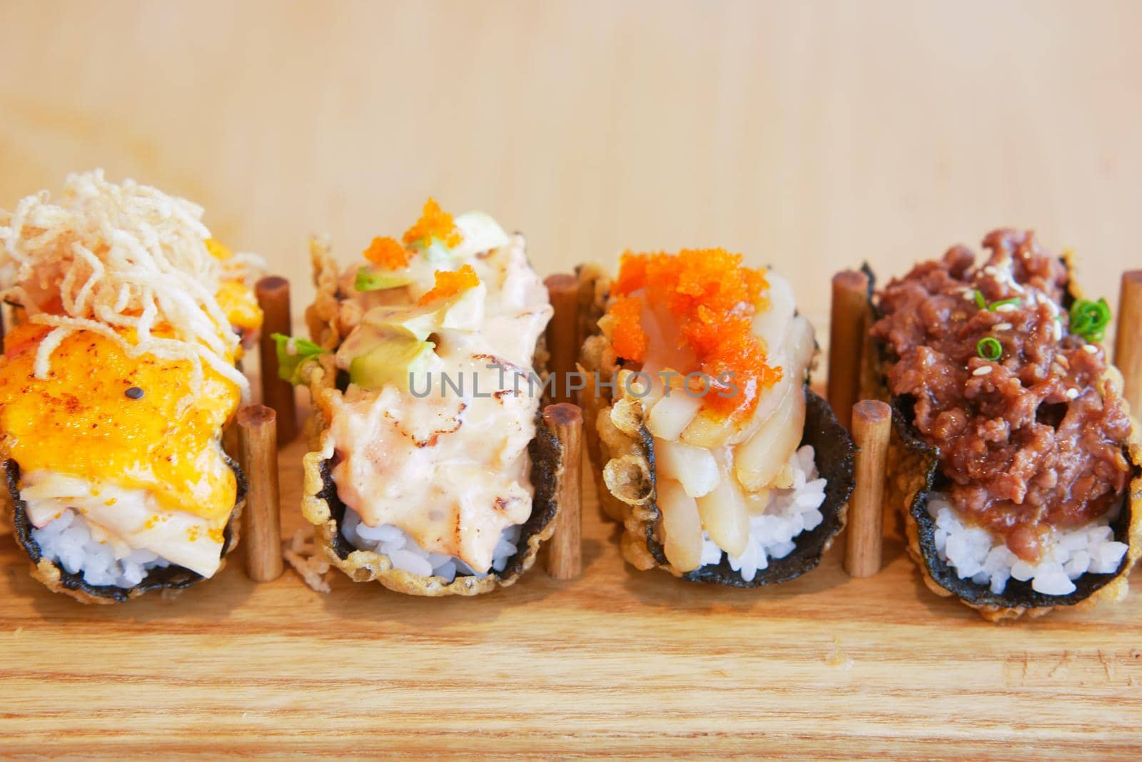 sushi and traditional japanese food on table with copy space