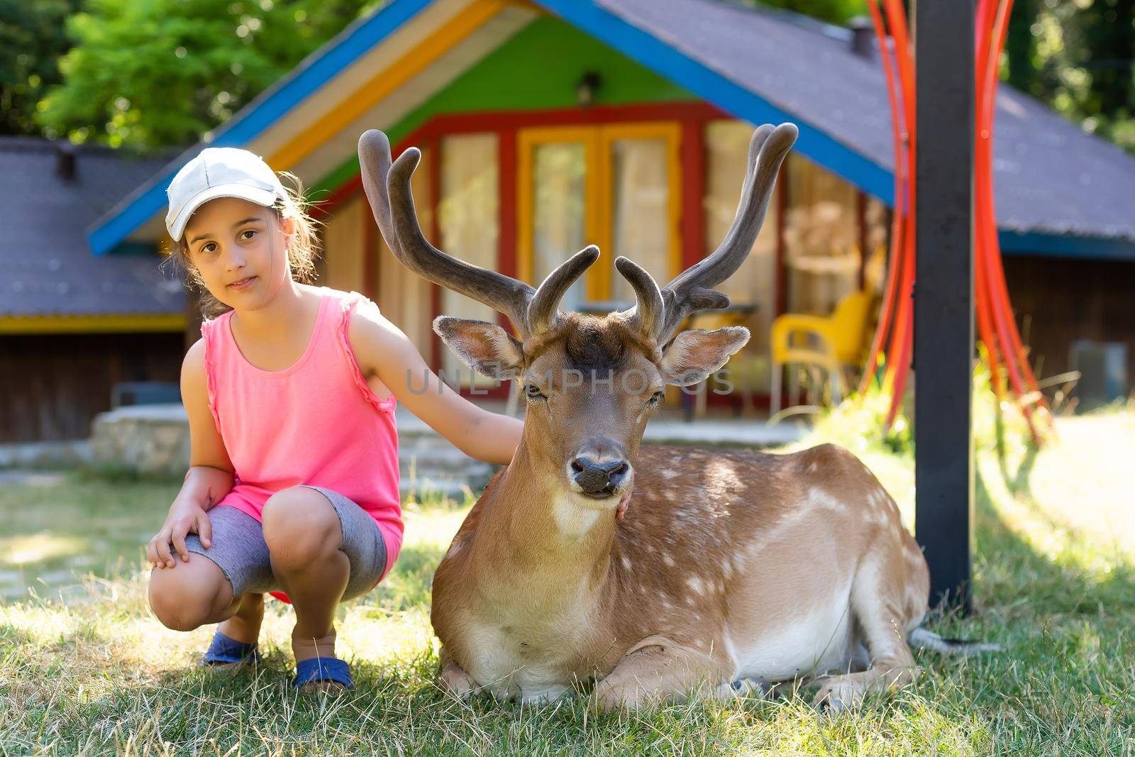 Photo of a young girl feeding deer and hugs him.