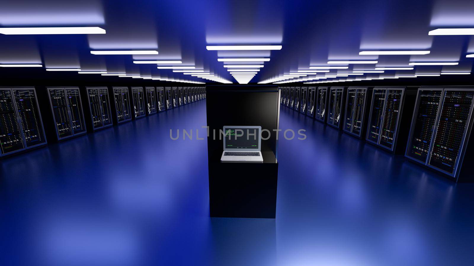 Server. Server room data center. Backup, mining, hosting, mainframe, farm and computer rack with storage information. 3d render by kwarkot