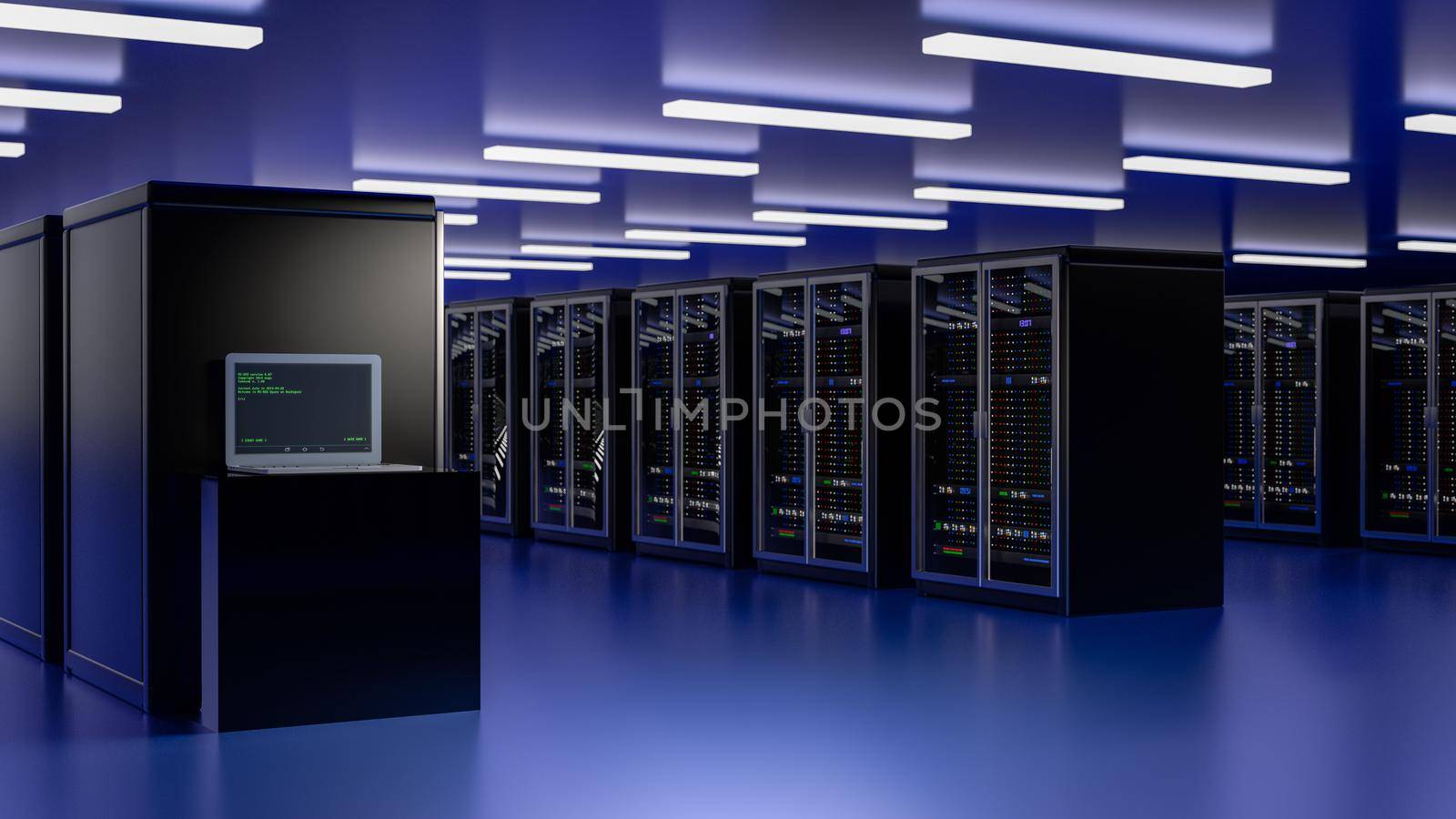 Server. Server room data center. Backup, mining, hosting, mainframe, farm and computer rack with storage information. 3d render by kwarkot