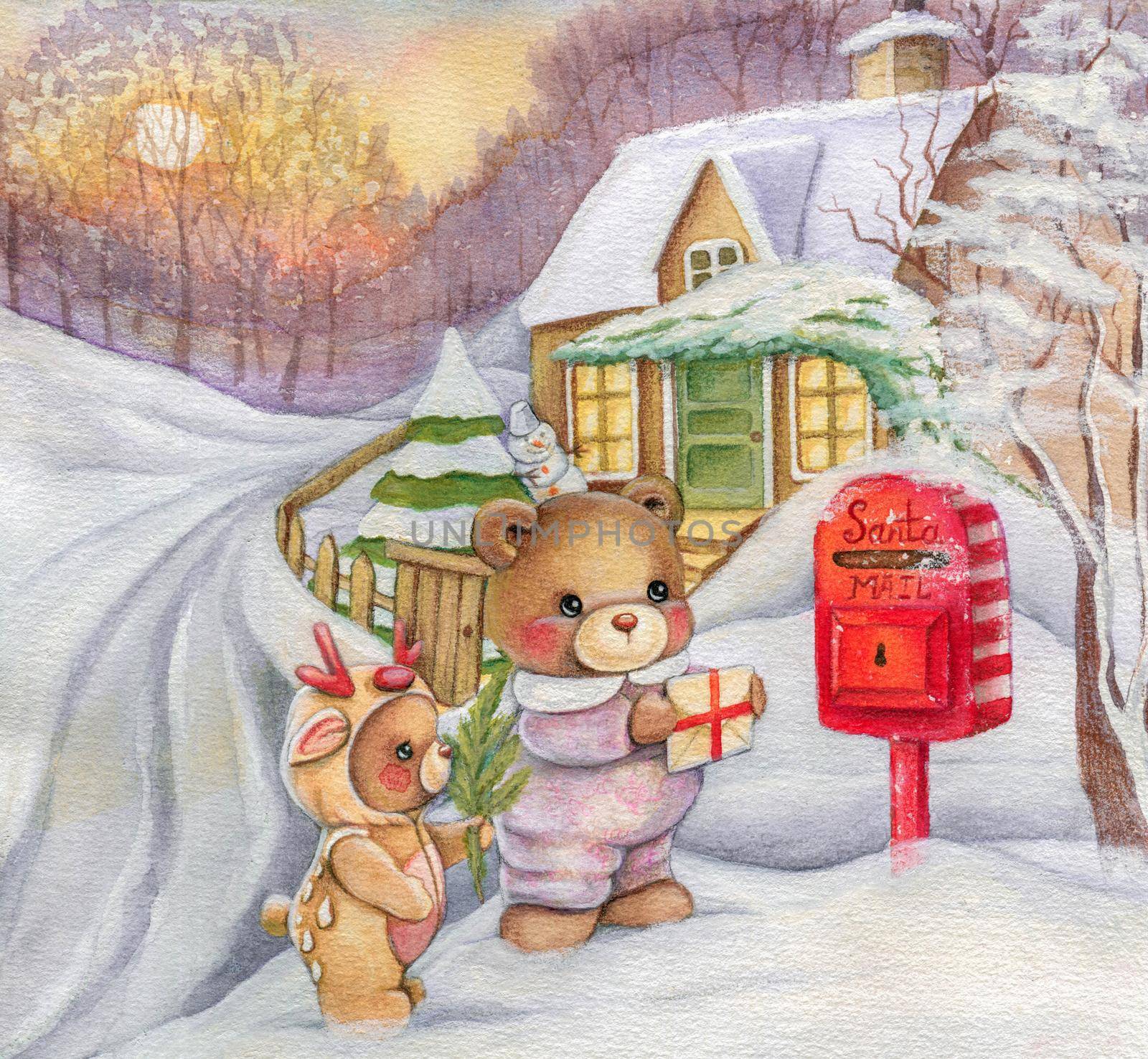 Christmas bears in the forest. Bears send a letter to santa claus. Fairy forest watercolor hand drawing. Christmas illustration for typography cards, posters, children's books, etc.