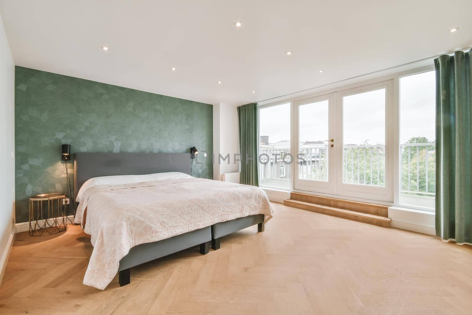 Elegant and cozy bedroom with a double soft bed