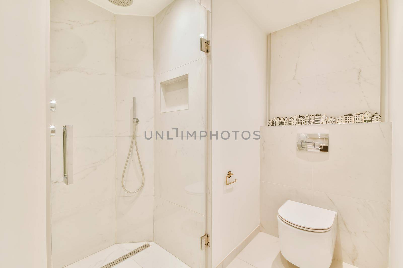 Luxurious bathroom with built-in shower head in the shower