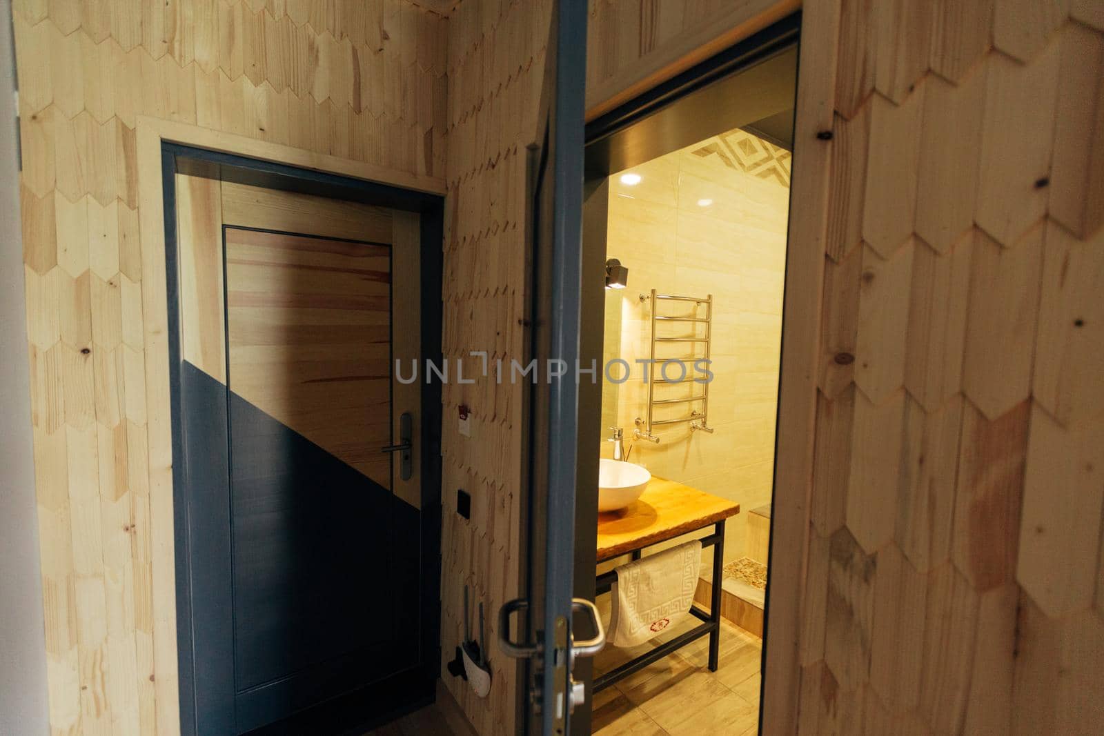 Hotel room Wood finish. Beautiful interior with wooden doors by TrEKone