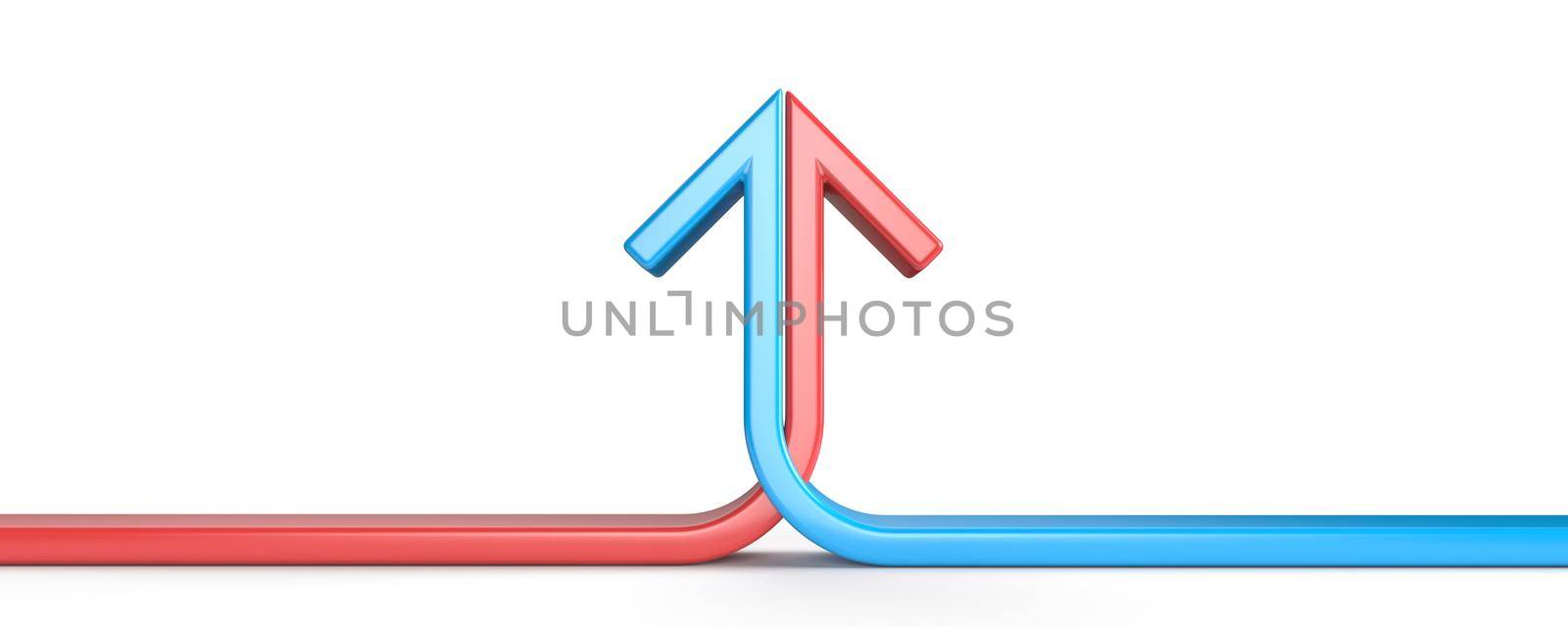 Arrow formed by two merging red and blue lines crossed 3D rendering illustration isolated on white background