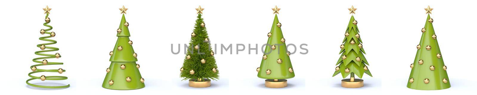 Set of Christmas trees with golden Christmas balls 3D rendering illustration isolated on white background