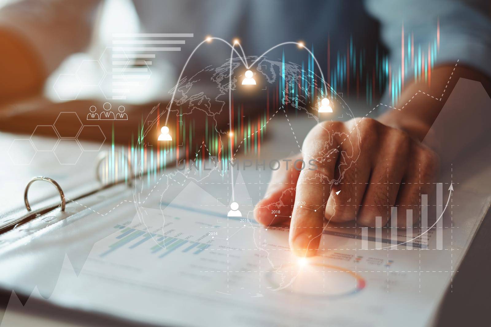 Close up Businessman hand pointing at financial paperwork with financial network diagram. Fintech, cryptocurrency, DeFi, Stake, Block chain, digital asset concept