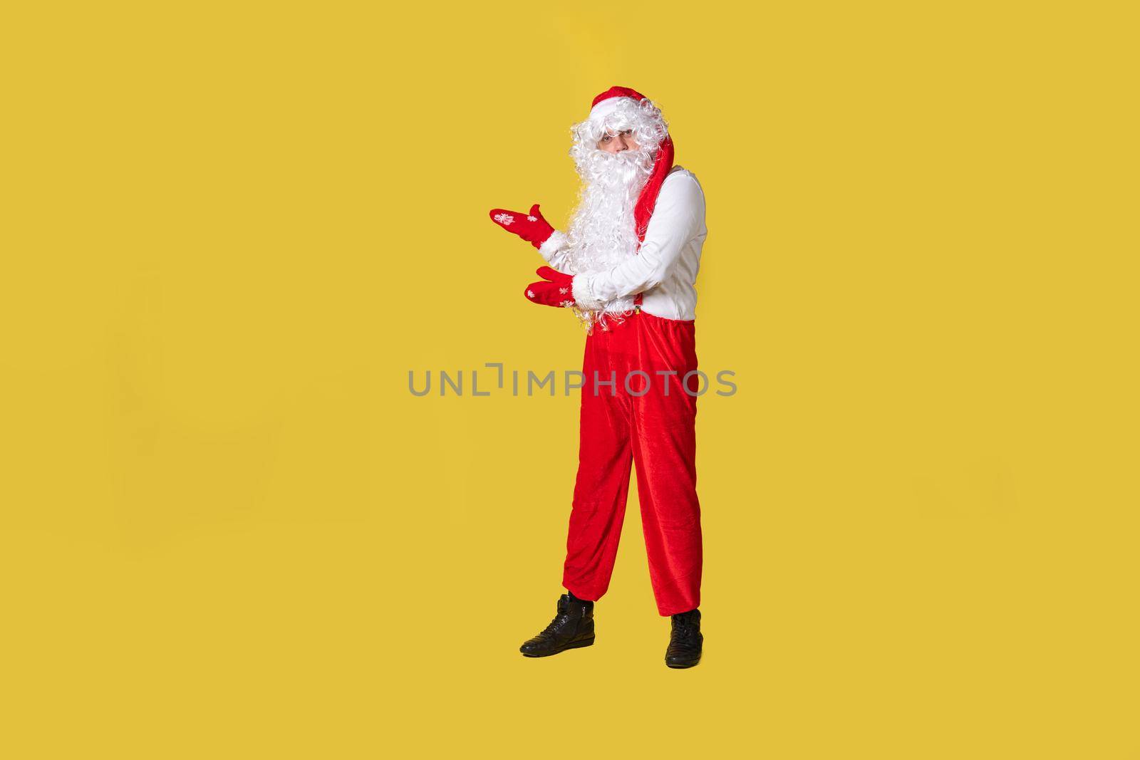 Santa claus yellow food stylish, fat tradition christmas winter aged, december happy. Grandpa is cheerful, white hands shows