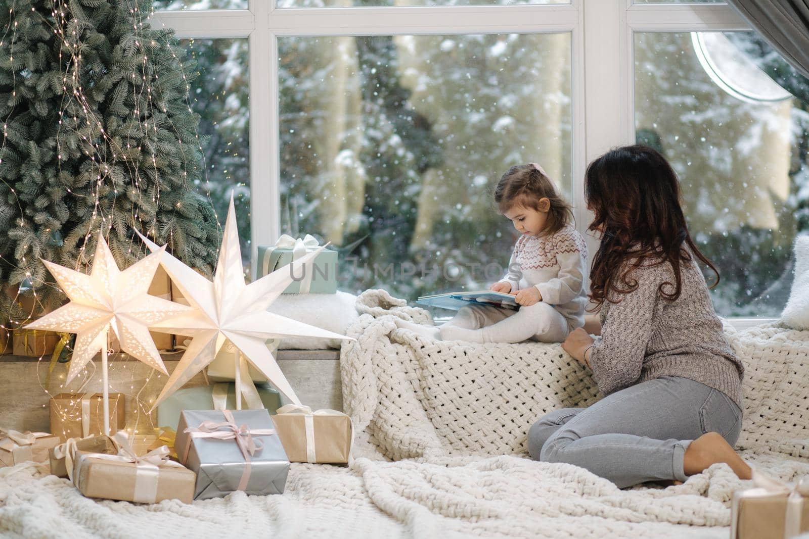 Young grandmother play and read book with her adorable grandaugher nea fir tree. Christmas mood by Gritsiv