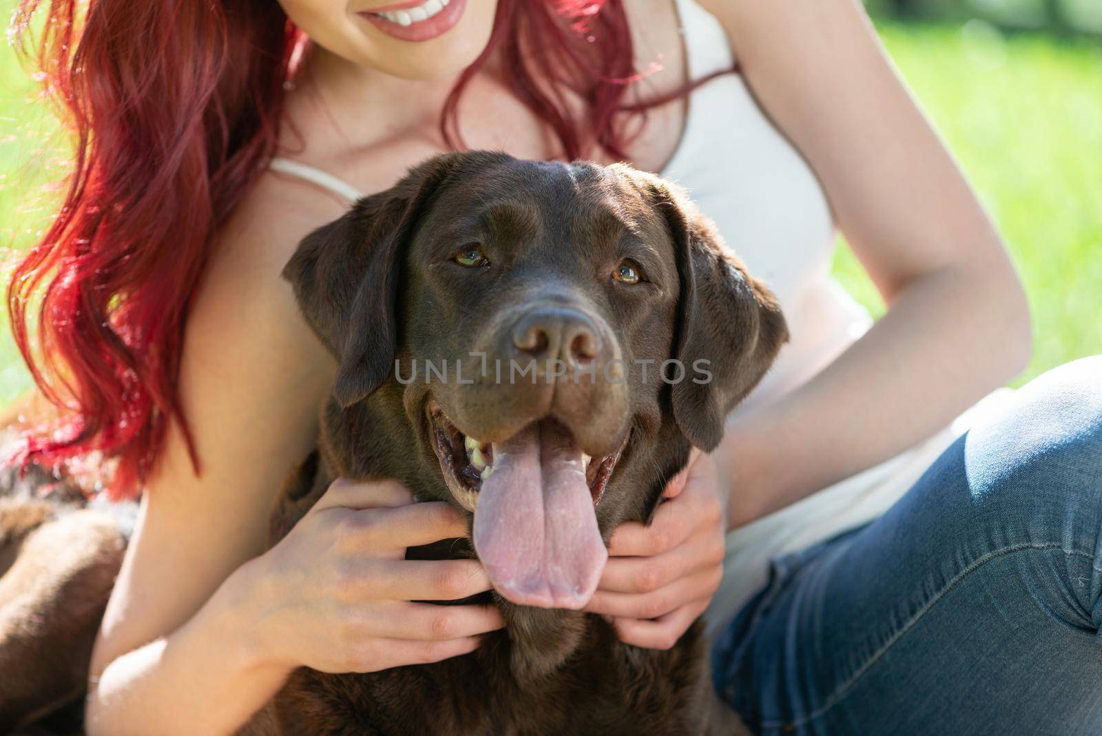 Young woman with her dog cuddles in the park. Spend time in the park with pets