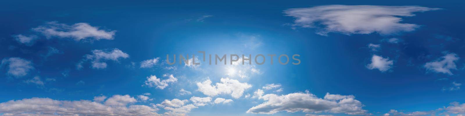Blue sky panorama with Cirrus clouds in Seamless spherical equirectangular format. Full zenith for use in 3D graphics, game and editing aerial drone 360 degree panoramas for sky replacement. by Matiunina