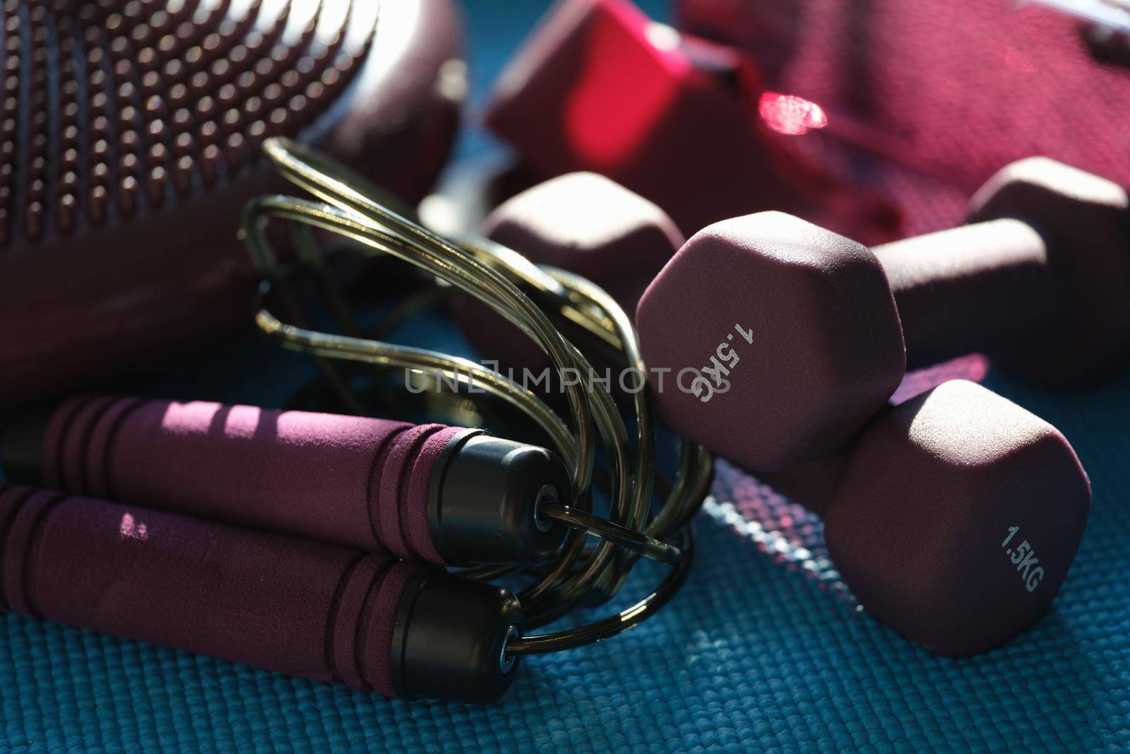Dumbbells skipping rope set for fitness, close-up. Home workout program. Sports equipment for cardio exercise