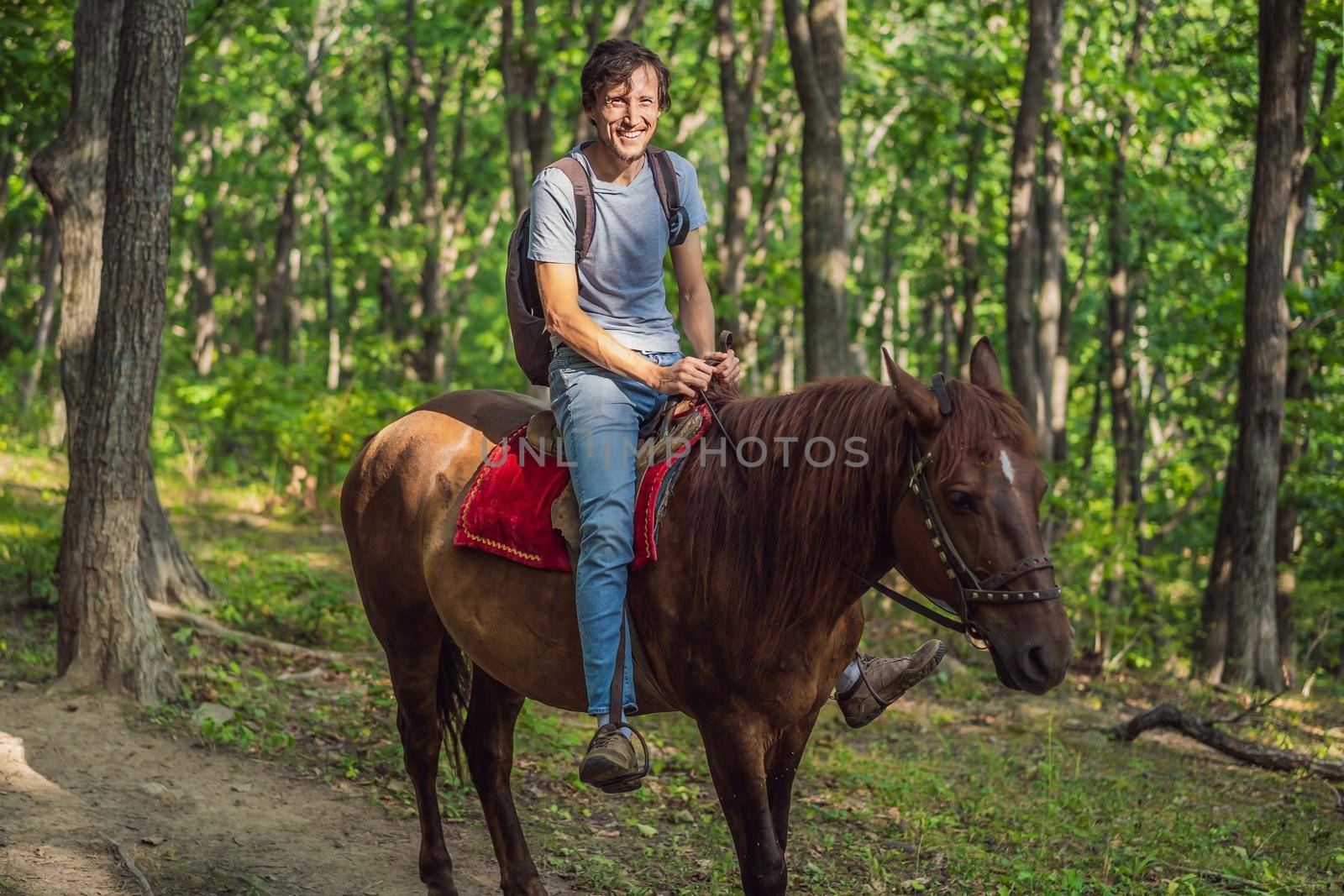 handsome man ride on the black horse in green forest.