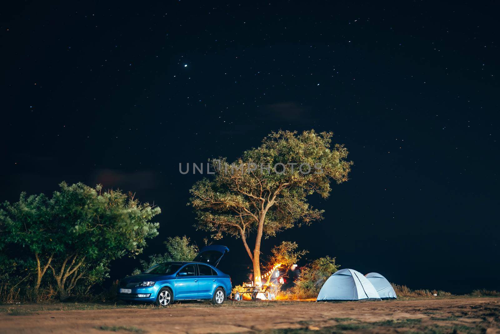 Group of five travellers rest on sea shore under tree on blue evening sky background. Tourism and camping concept.