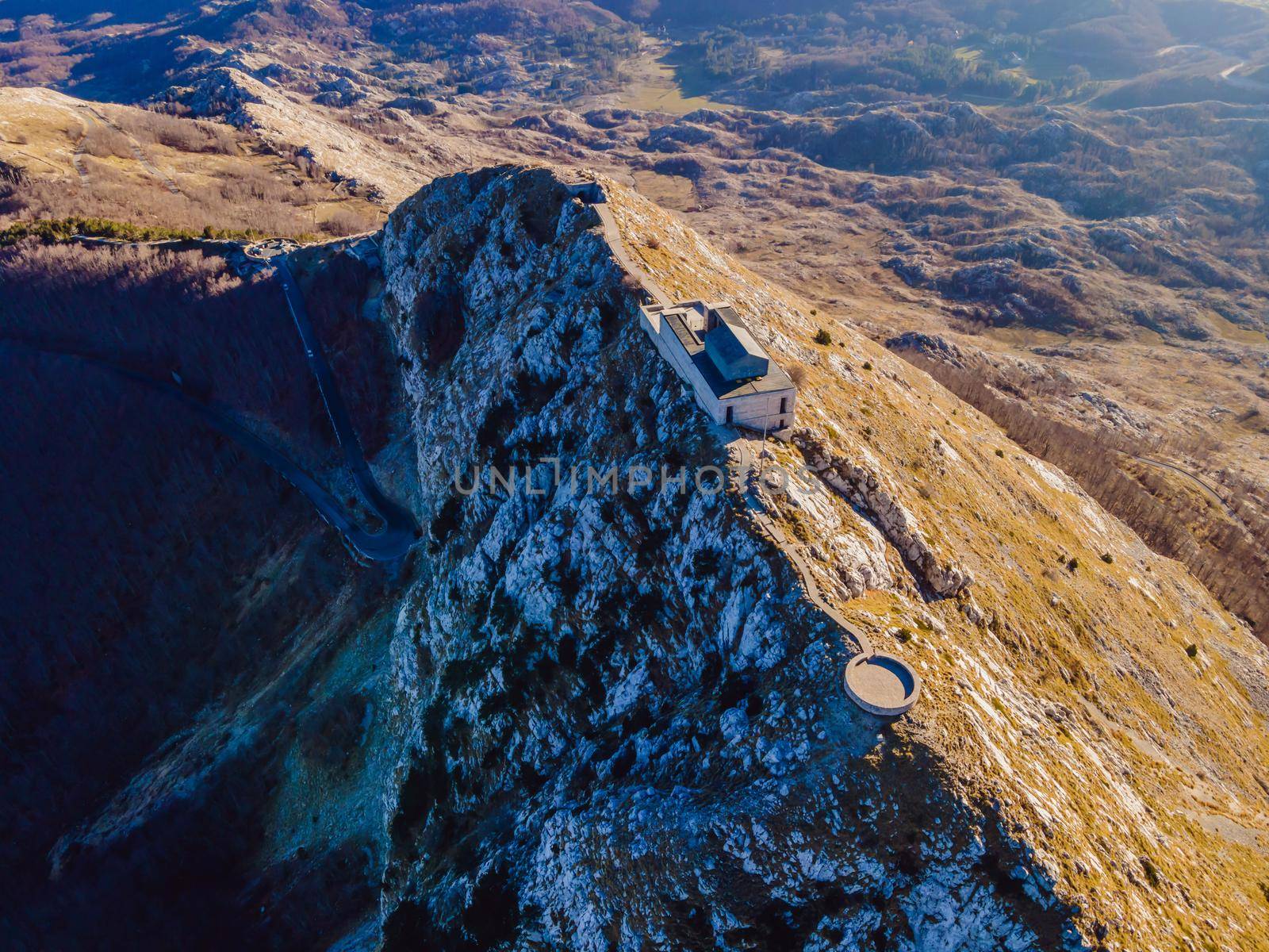 Petar II Petrovic-Njegos mausoleum on the top of mount Lovchen in Montenegro. Aerial view, drone.