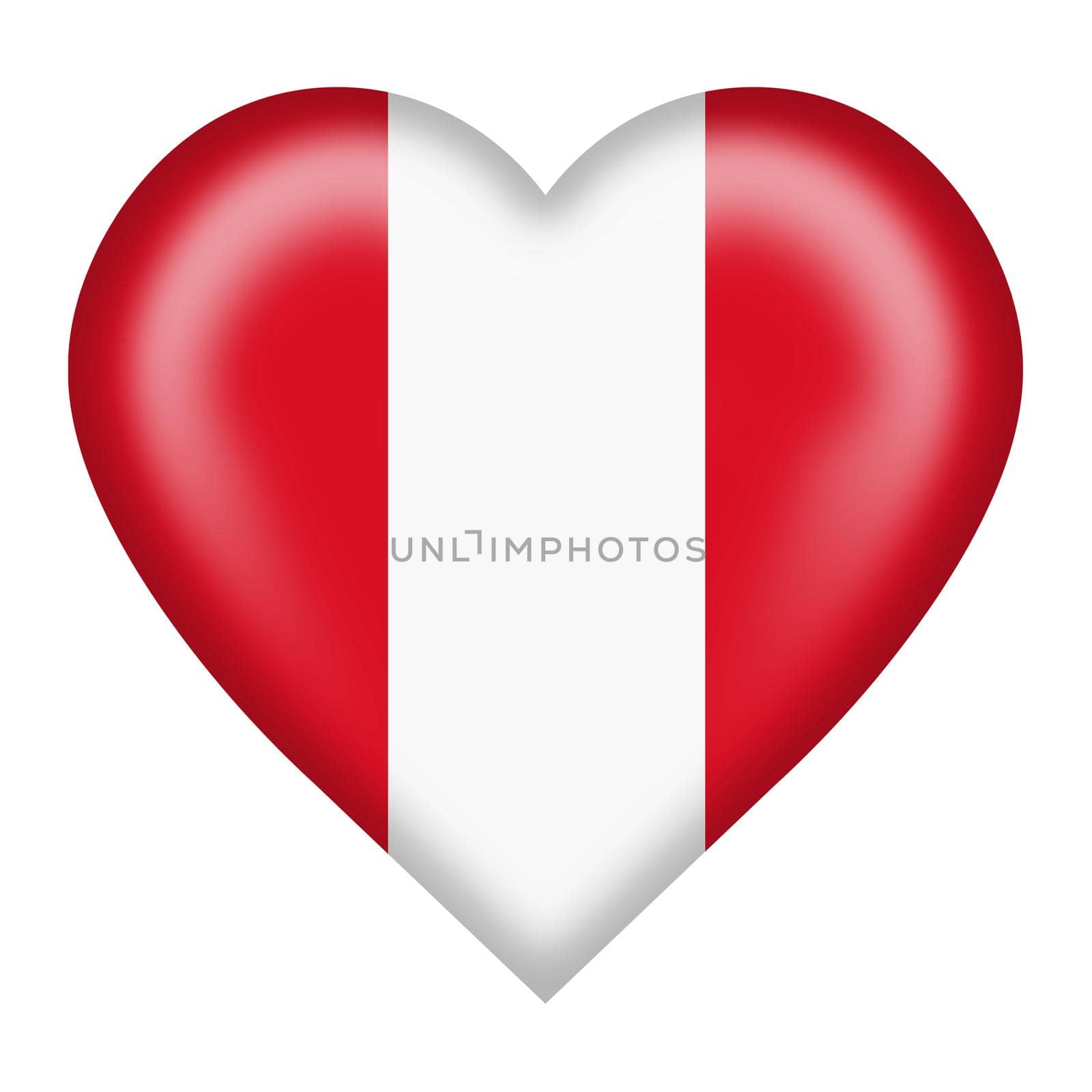 A Peru flag heart button isolated on white with clipping path 3d illustration
