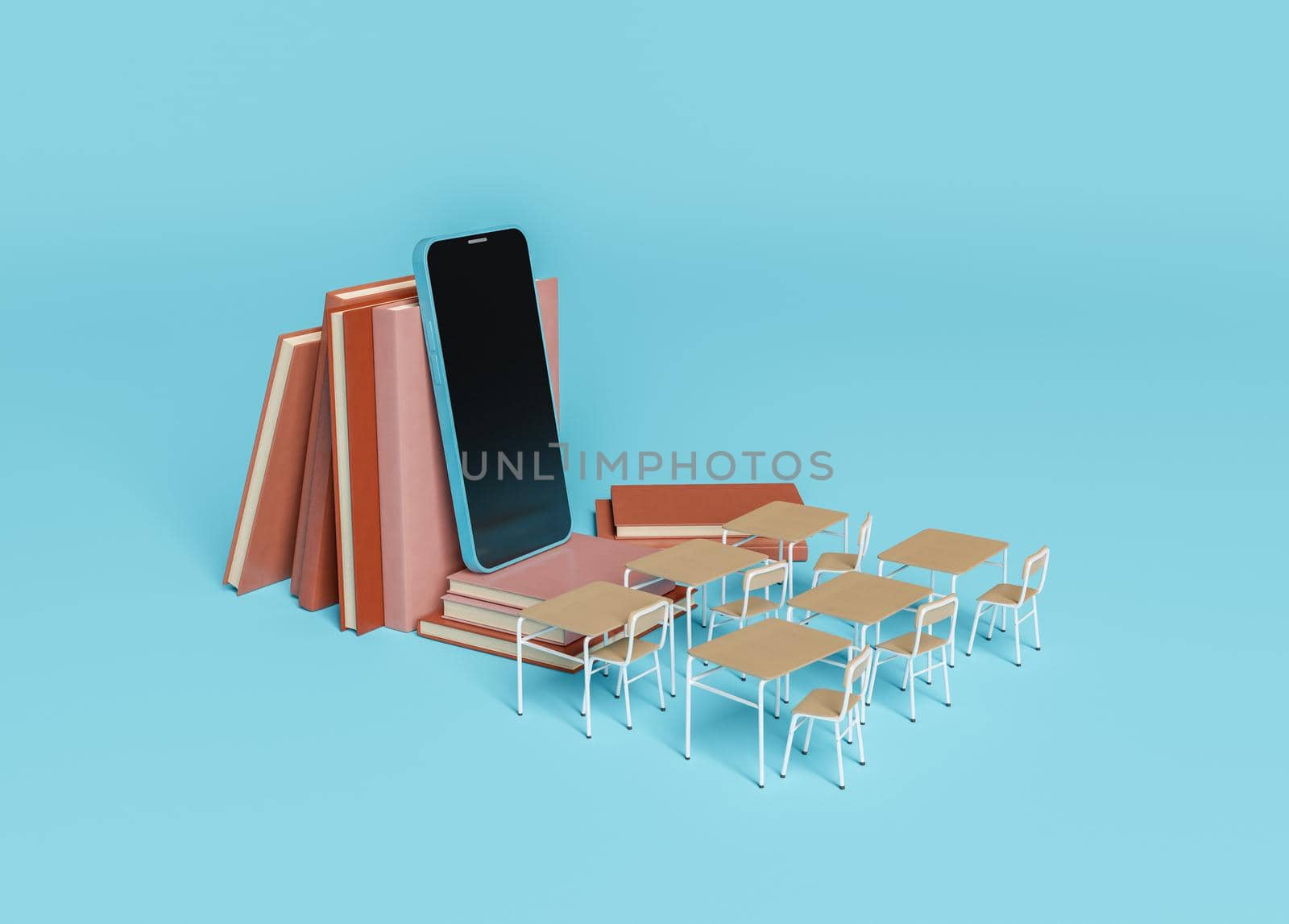 online classroom with mobile phone supported by books and desks in front. online education concept, technology, learning and courses. 3d rendering