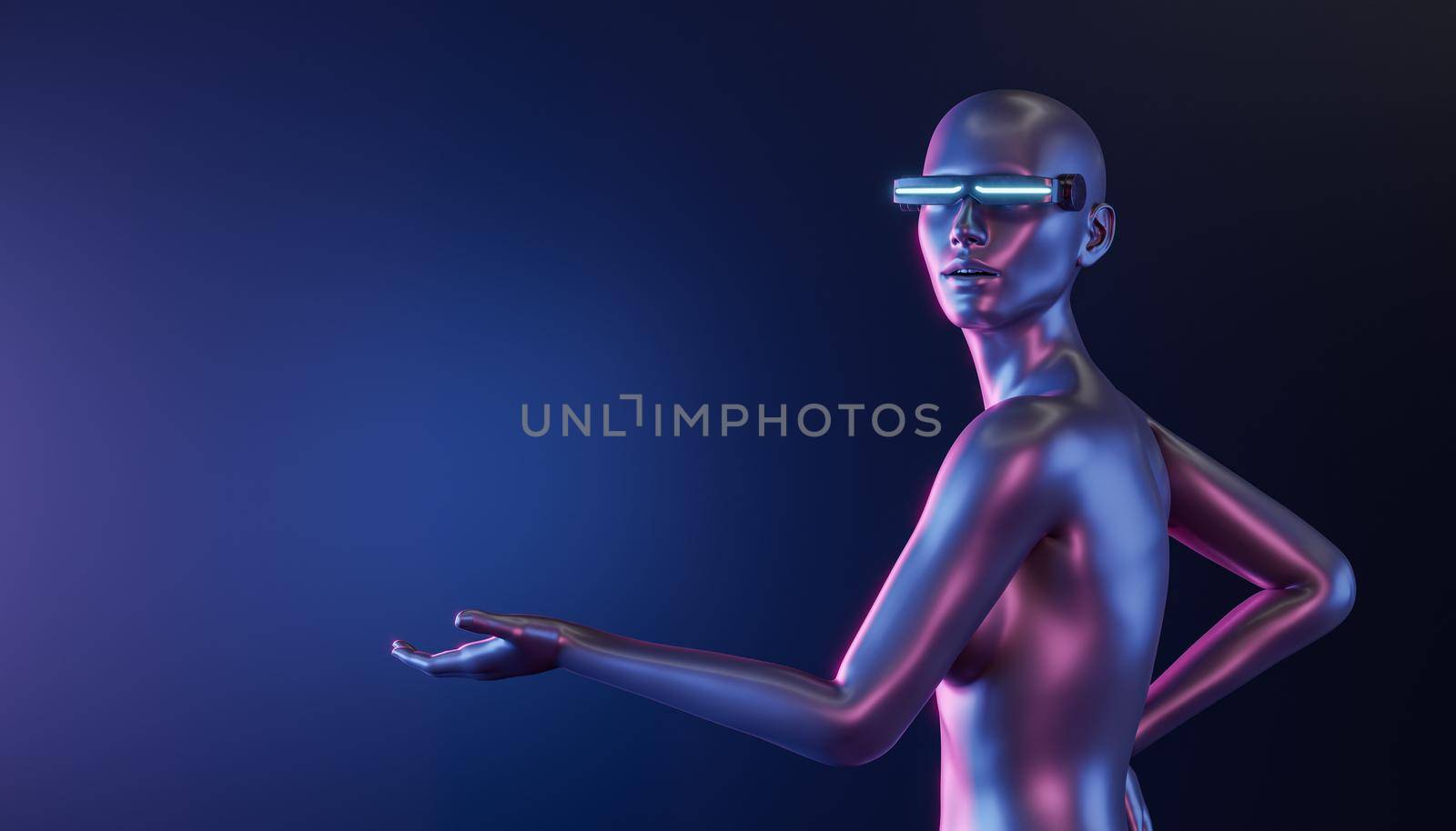 futuristic girl with luminous glasses pointing to an empty space by asolano