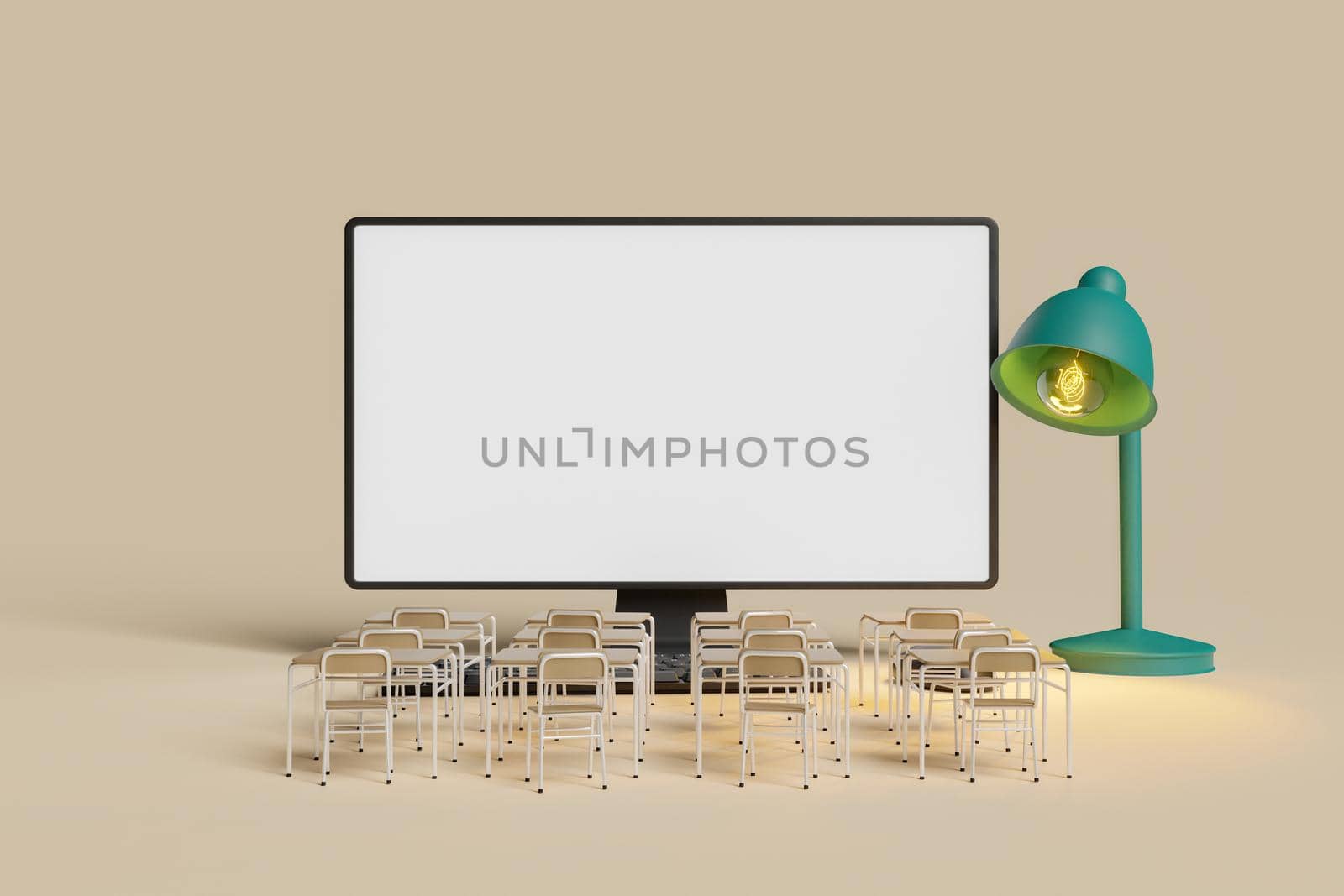 computer screen with school desks in front of it and a desk lamp illuminating it. concept of online education, technology, learning and studying. 3d rendering