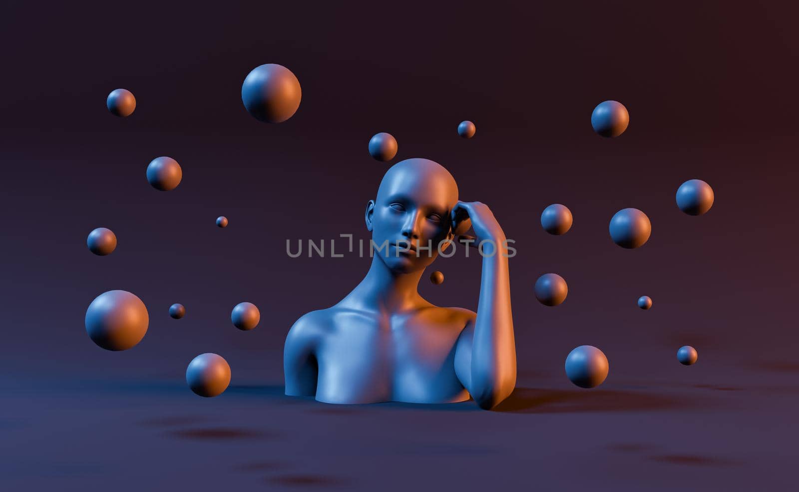 3d female bust with head resting on hand and metal spheres around. 3d rendering