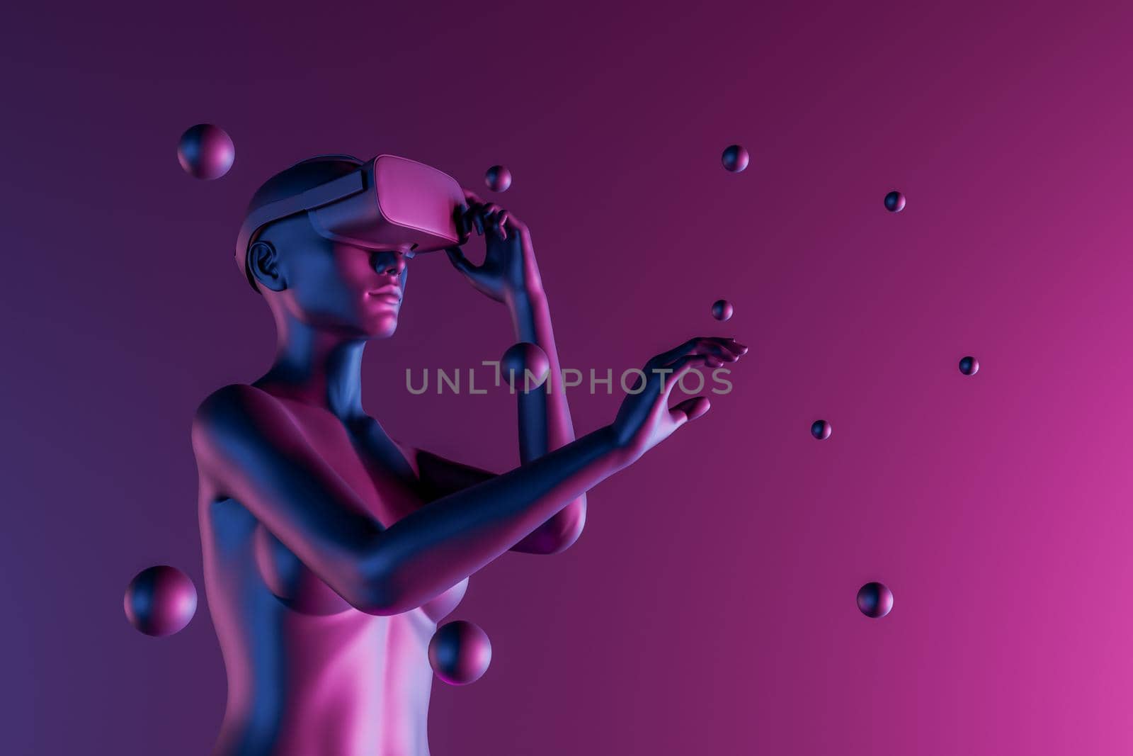 3d girl with virtual reality glasses and spheres around. intense color, neon lights. concept of video games, entertainment, fun, future and metaverse. 3d rendering