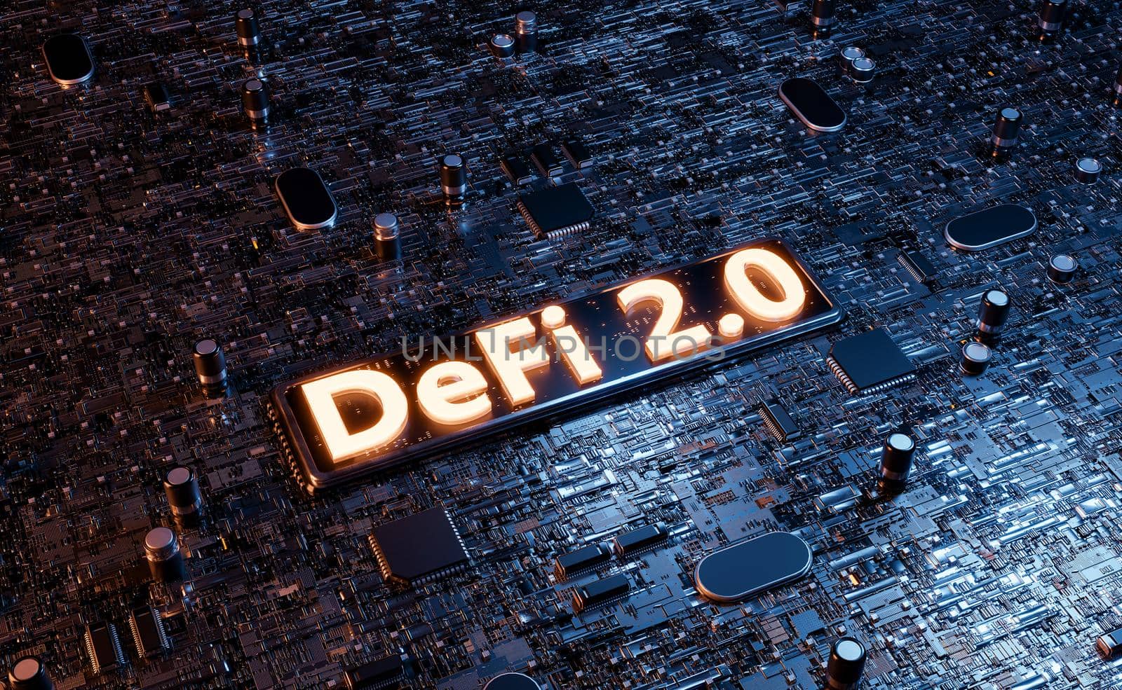 DeFi 2.0 sign on a chip of an electronic motherboard. concept of decentralized finance, crypto, economics, trading and business. 3d rendering